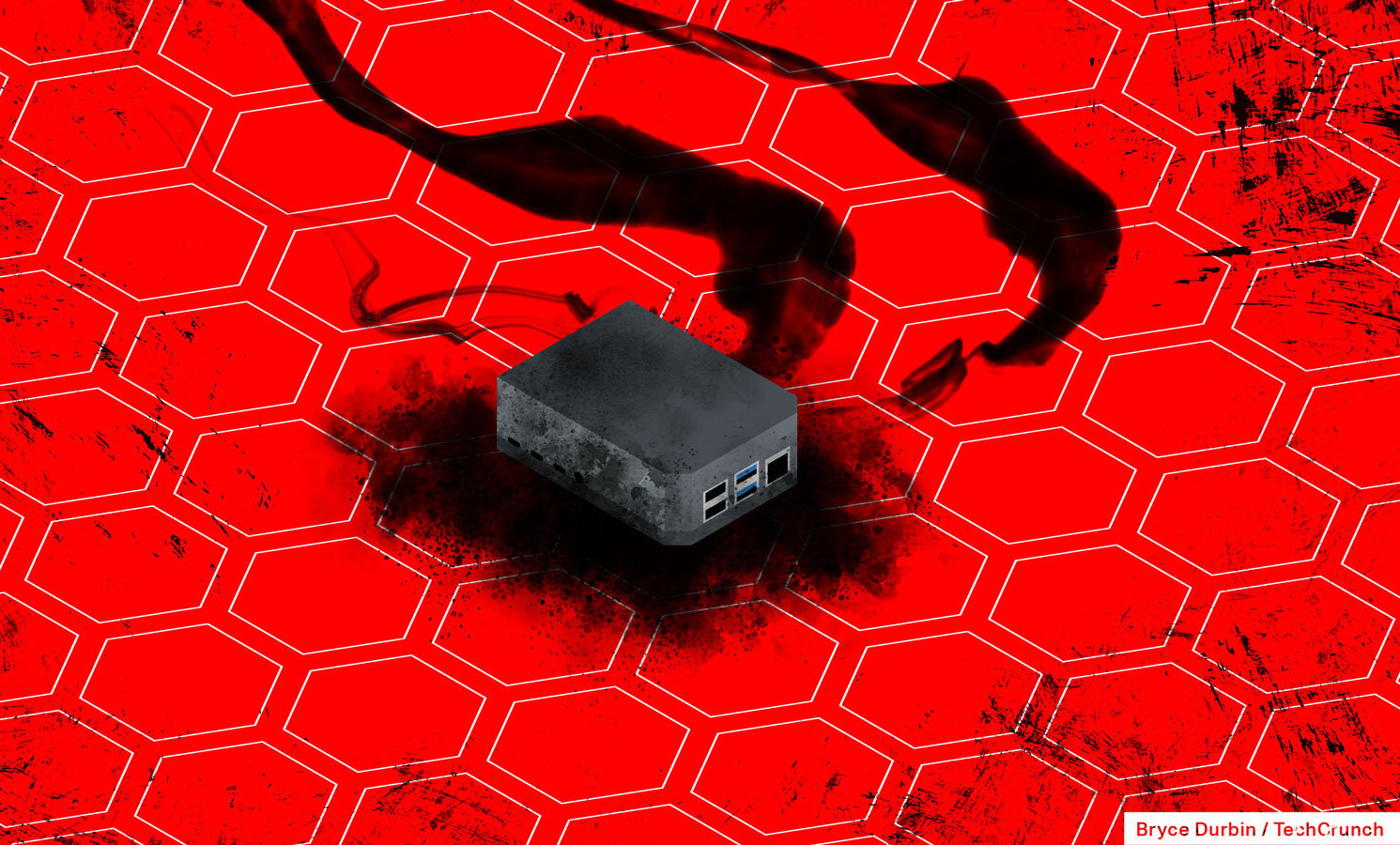An illustration of a burned out router or firewall, indicating a breach.