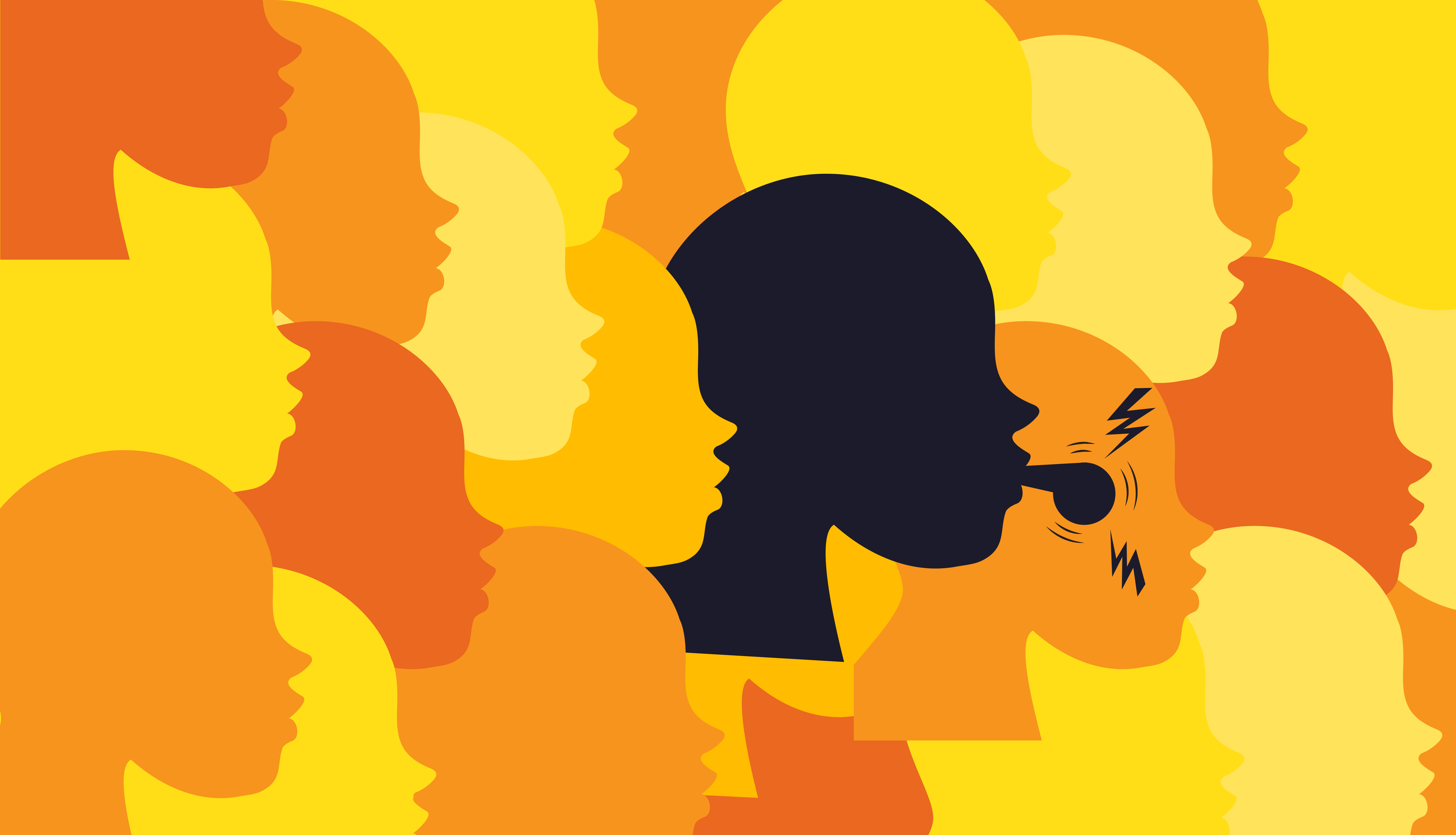 Illustration of orange and yellow silhouettes surrounding a black silhouette blowing a whistle.