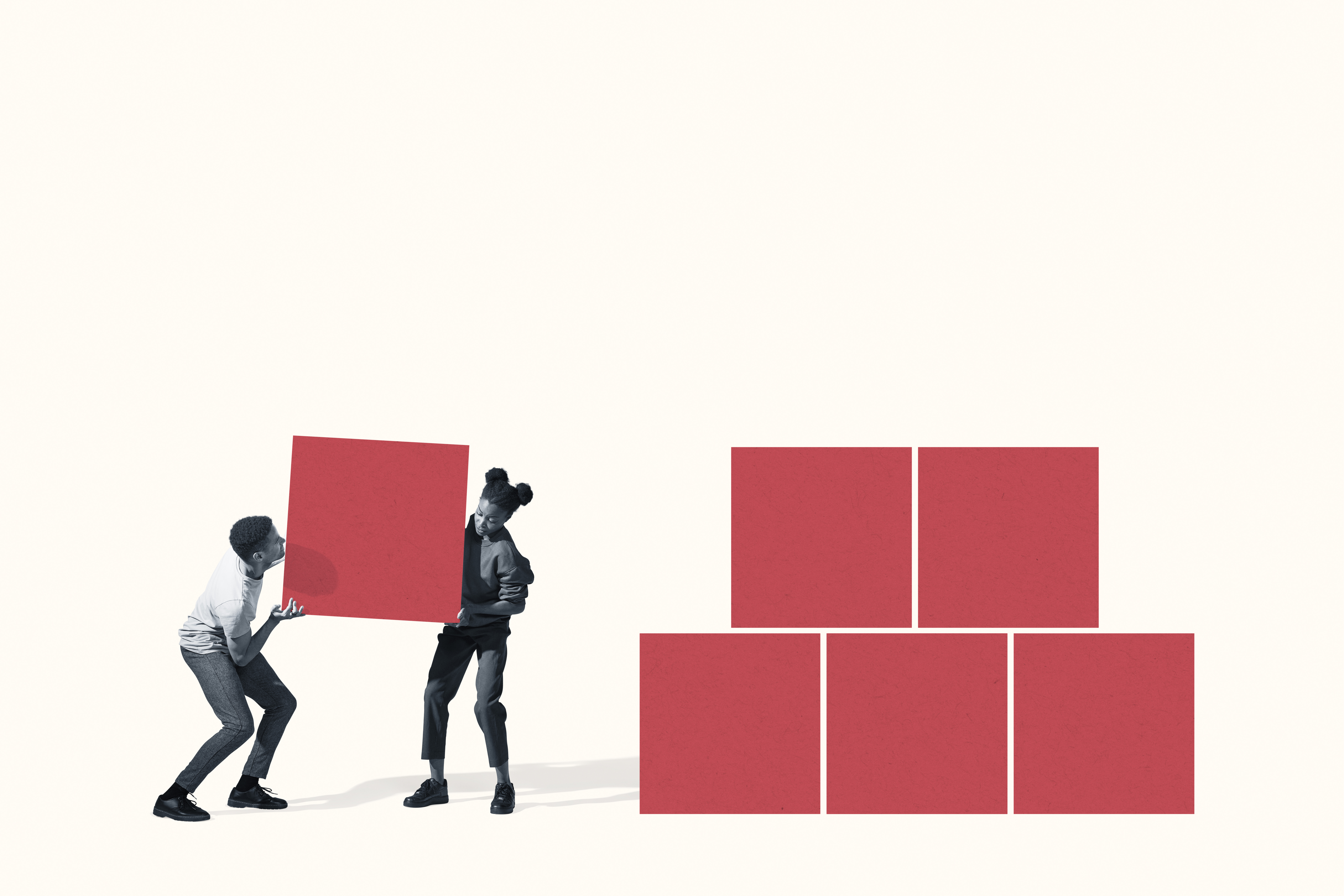 Image of a young man and woman carrying a red block against a white background, stacking it onto a set of blocks to represent working together in a partnership.
