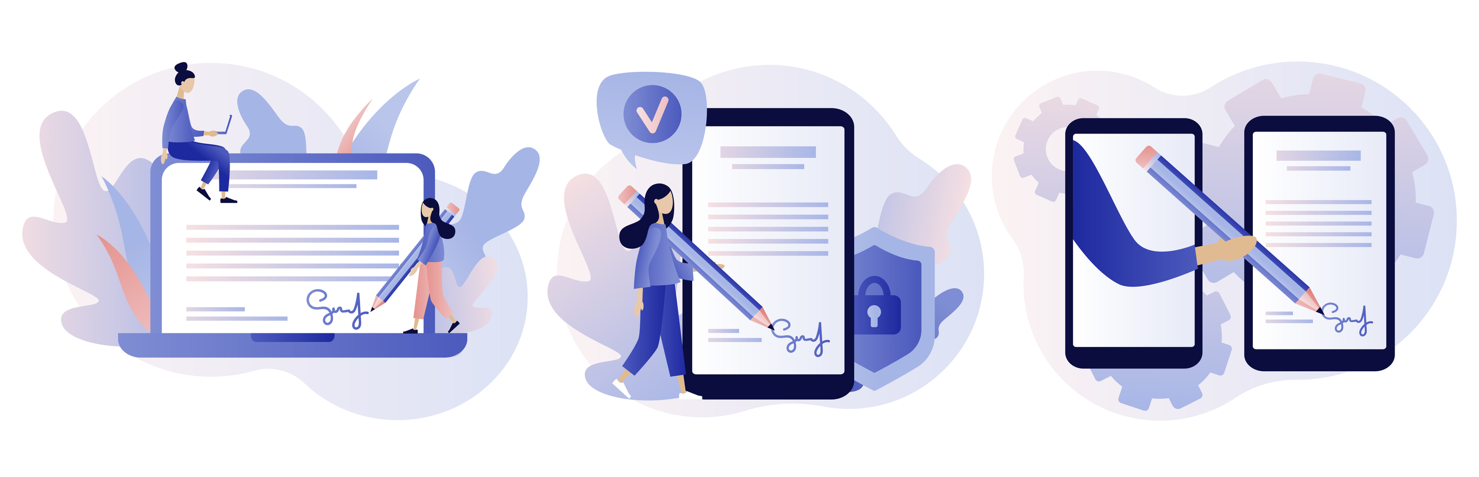 Electronic contract or digital signature concept. Modern flat cartoon style. Vector