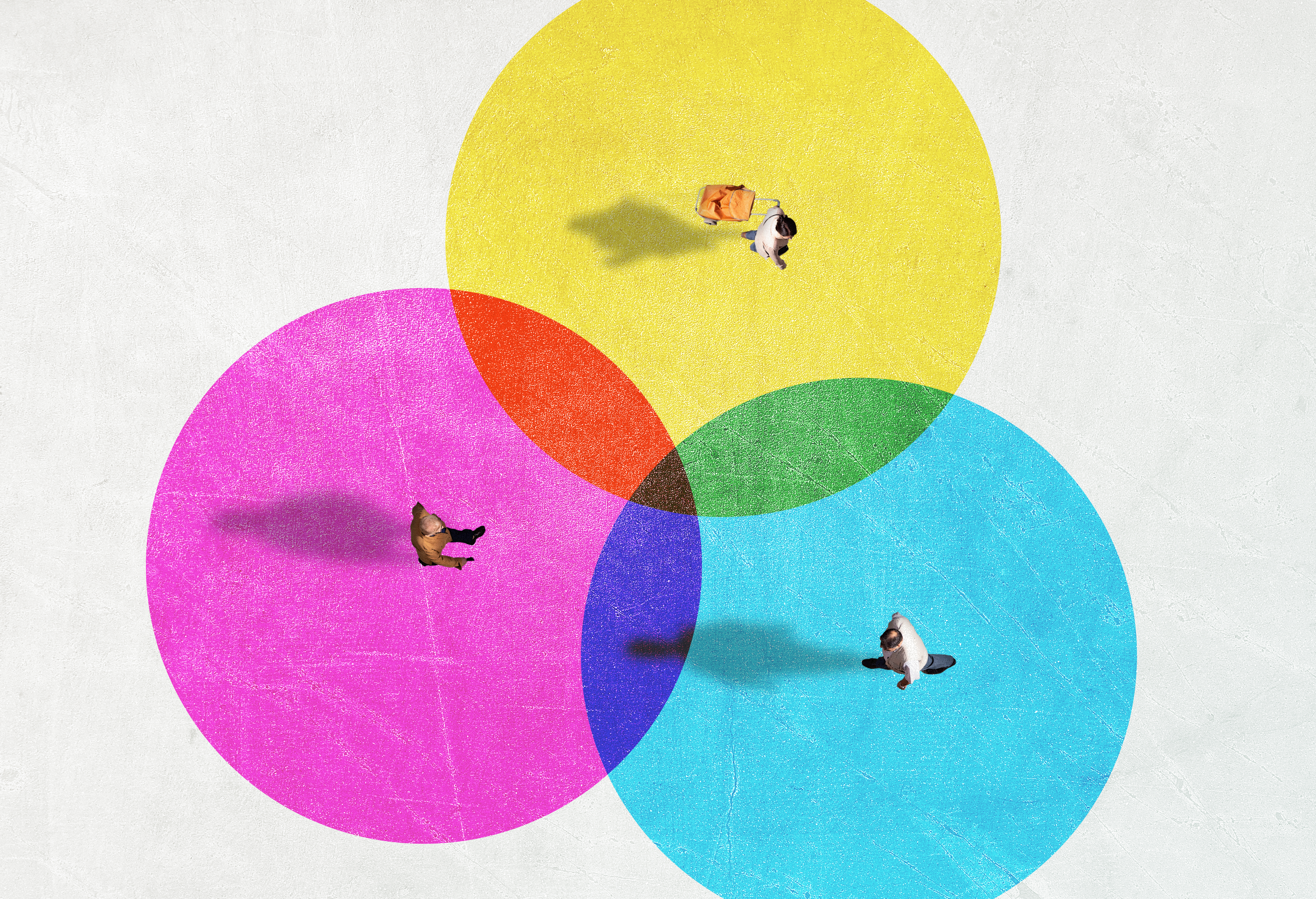 Image of people from above inside colorful circles to represent social content moderation.