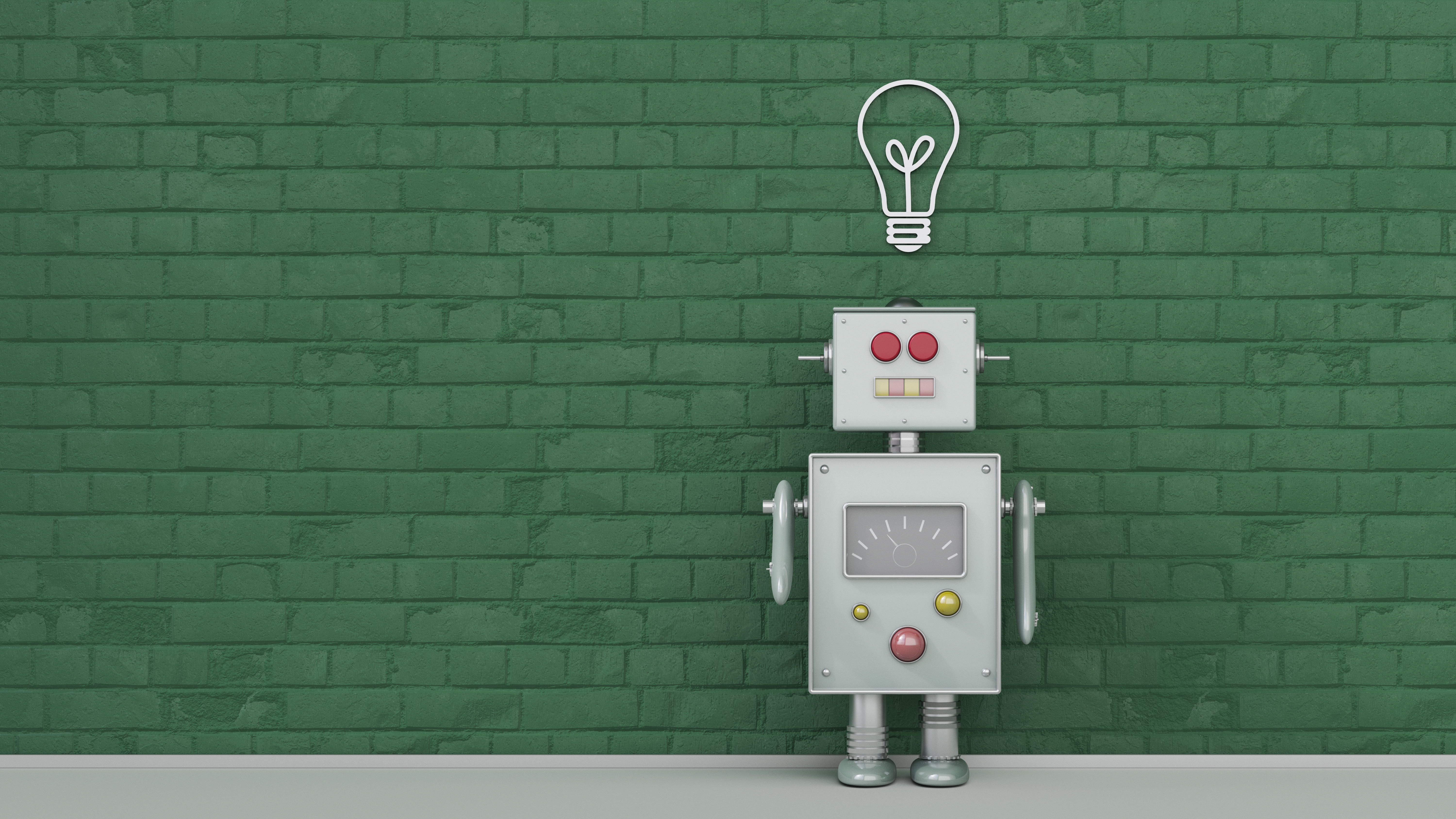 Image of a robot under light bulb painted on a green brick wall.