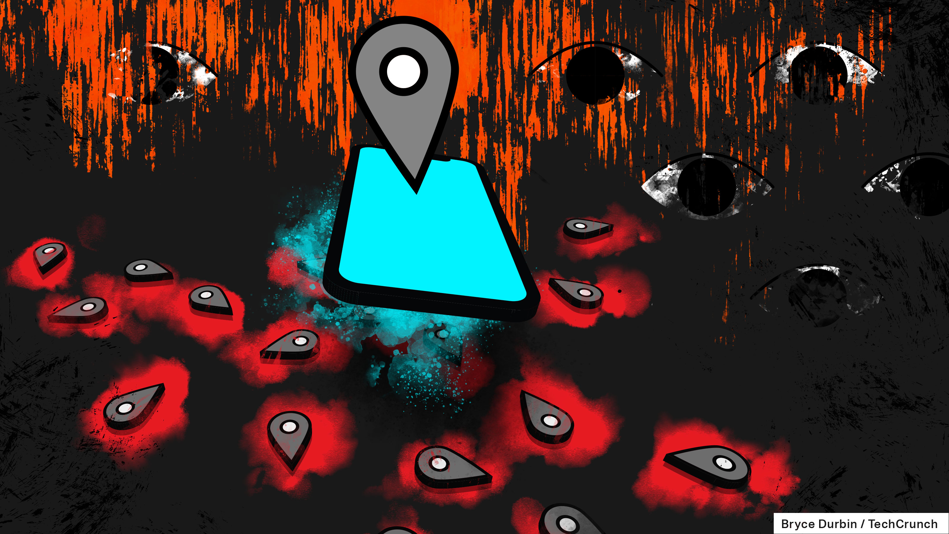 An illustration of a phone spilling location data.