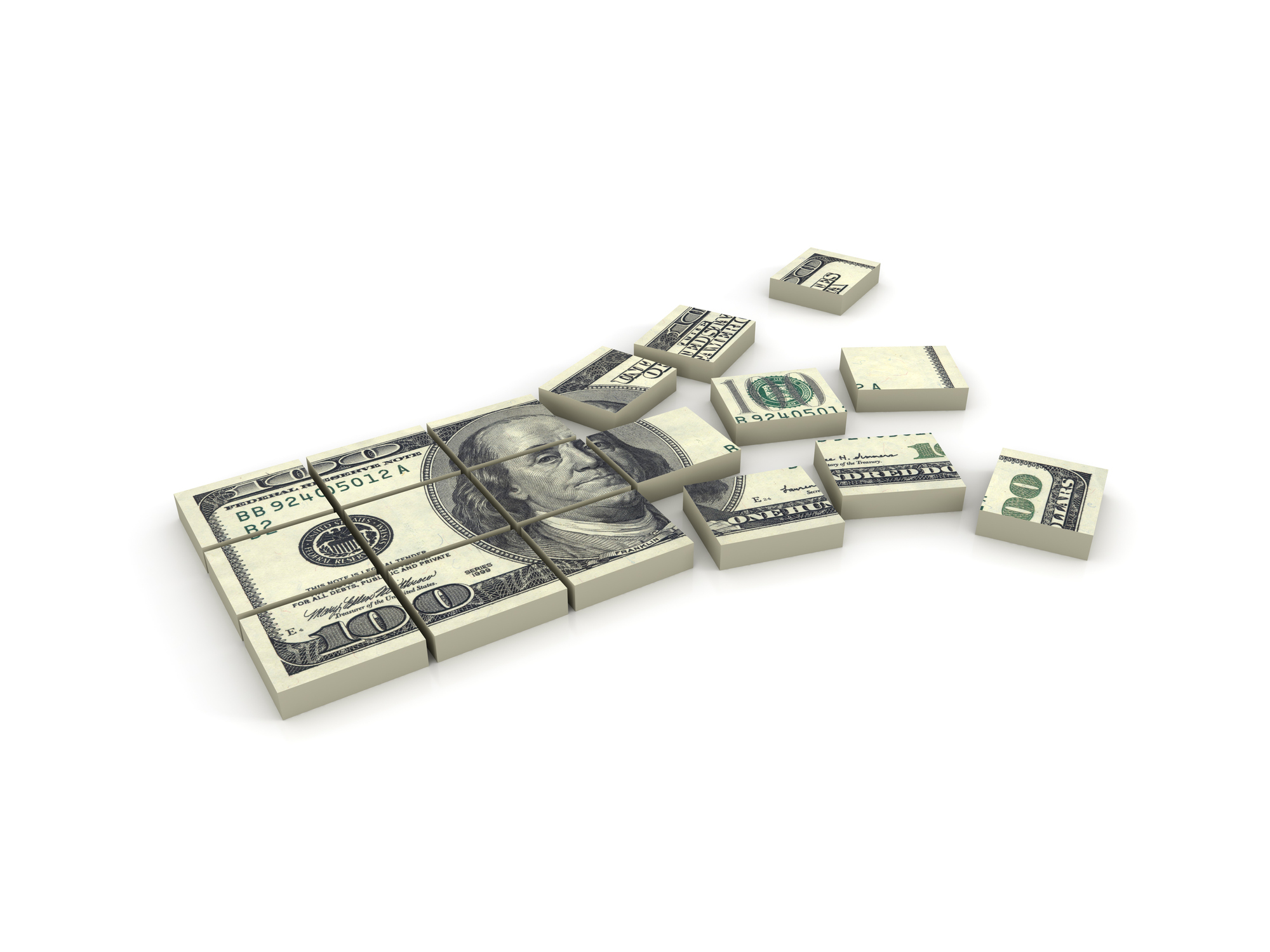 Stack of $100 bills broken in squares