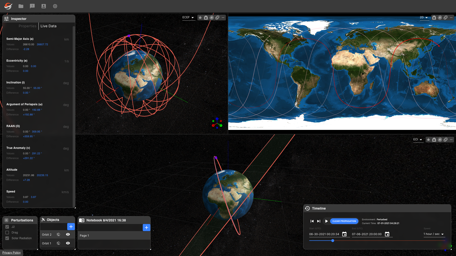 slingshot laboratory software showing satellite orbits