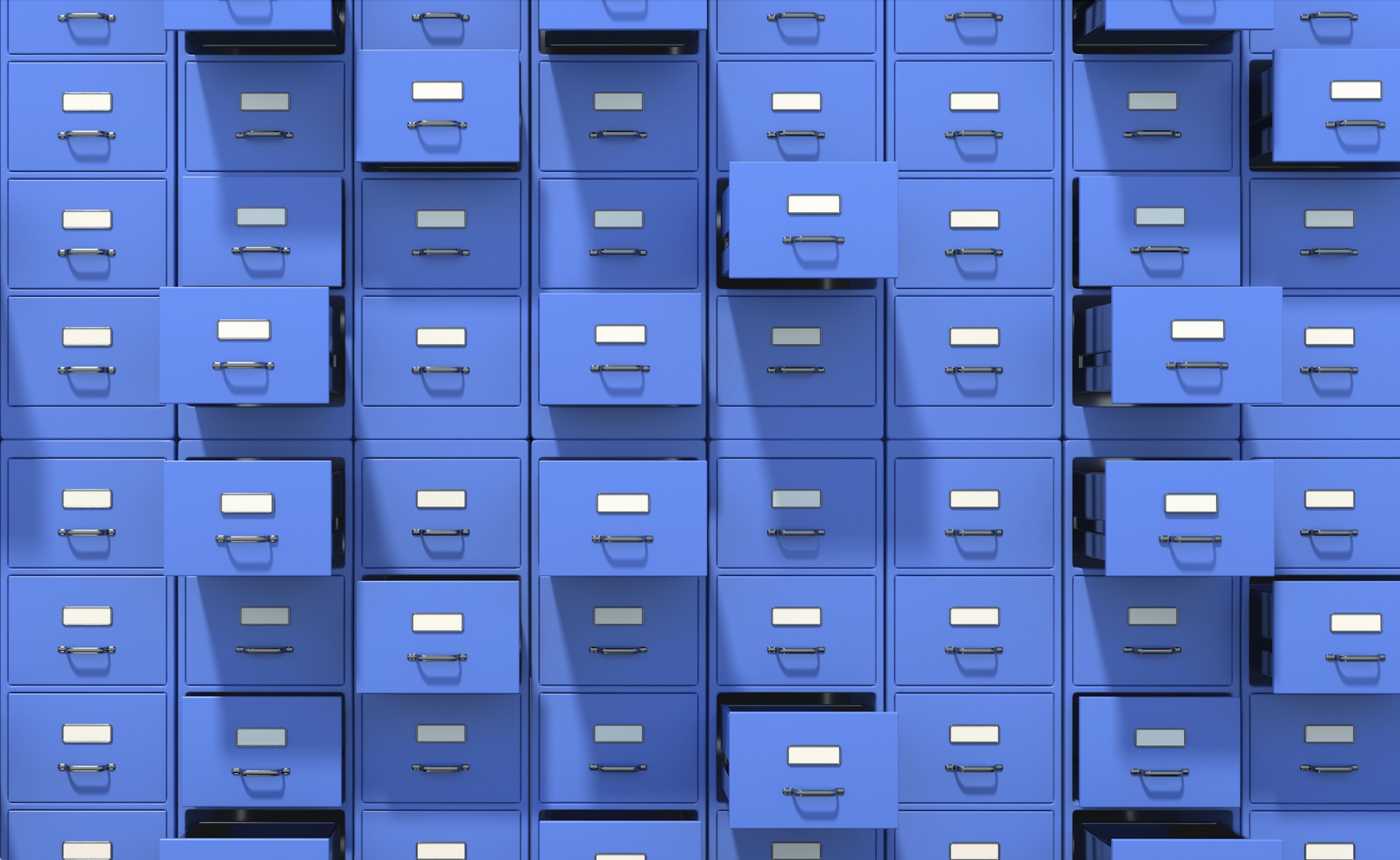 An illustration of stacks of blue filing cabinets, some drawers opened