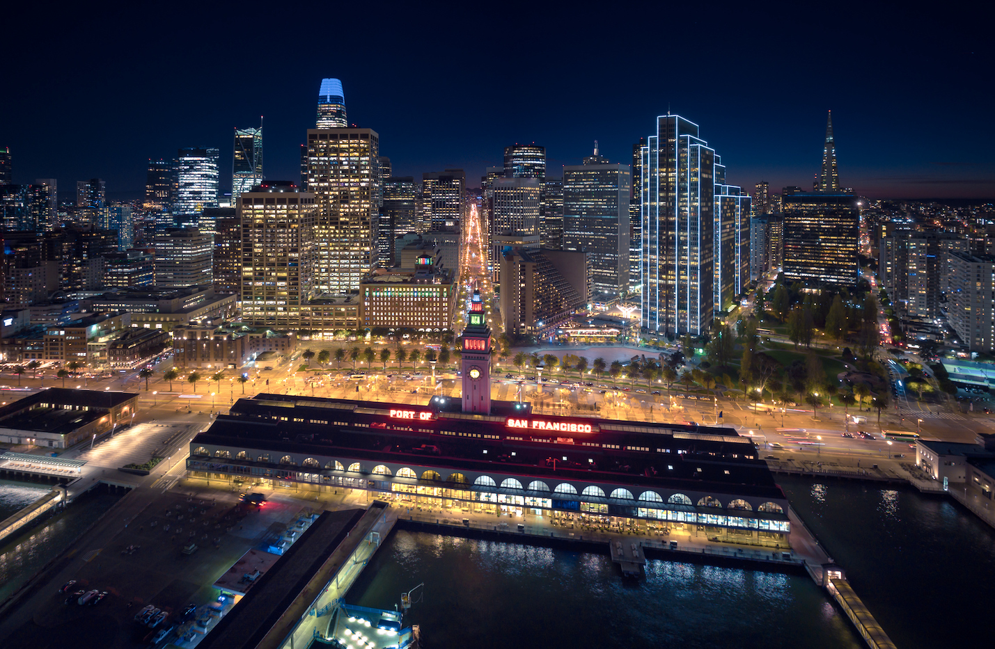 San Francisco Skyline and Ferry Building Aerial View at Night, California, USA