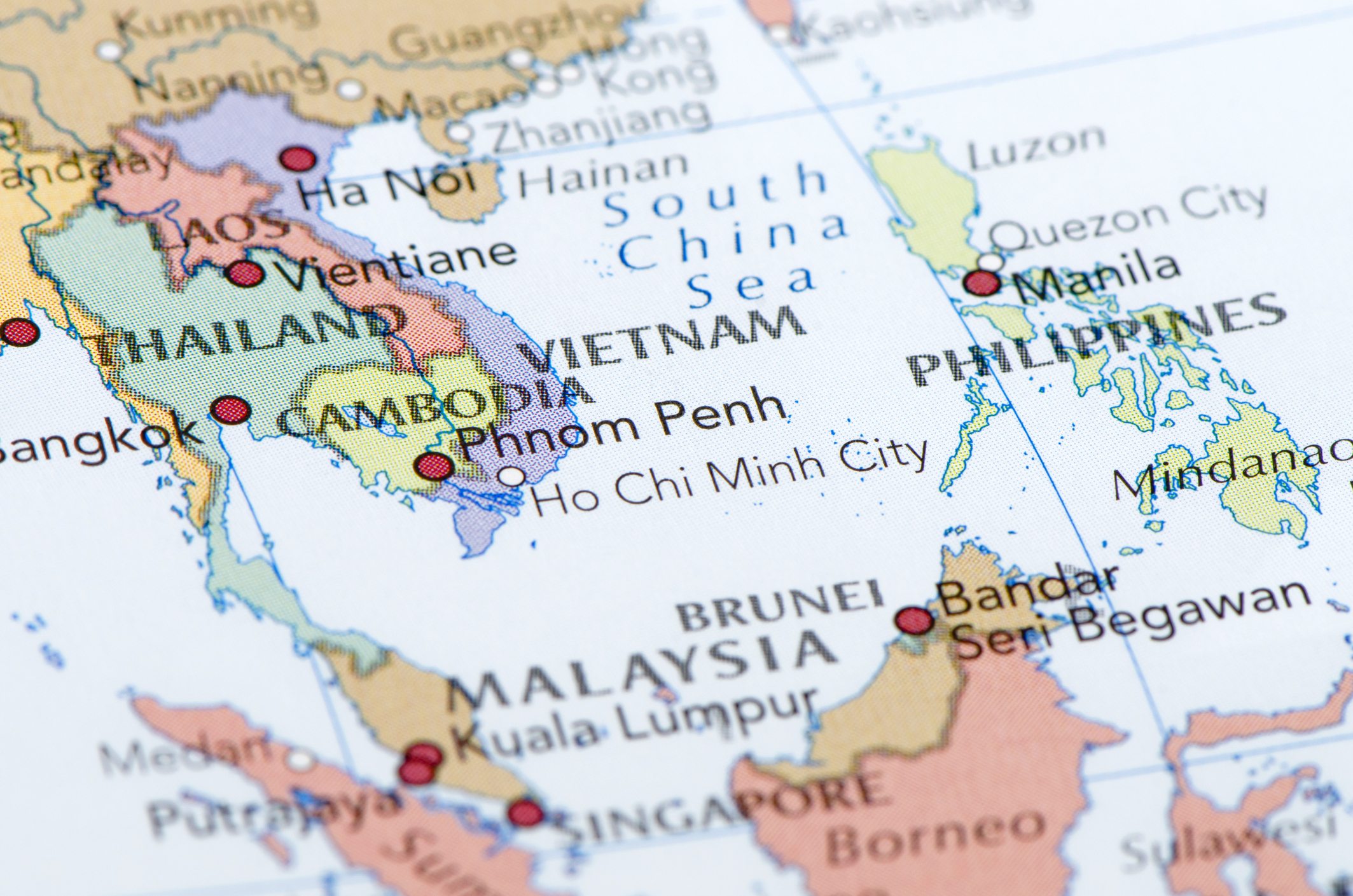 A photograph of a map of Southeast Asia