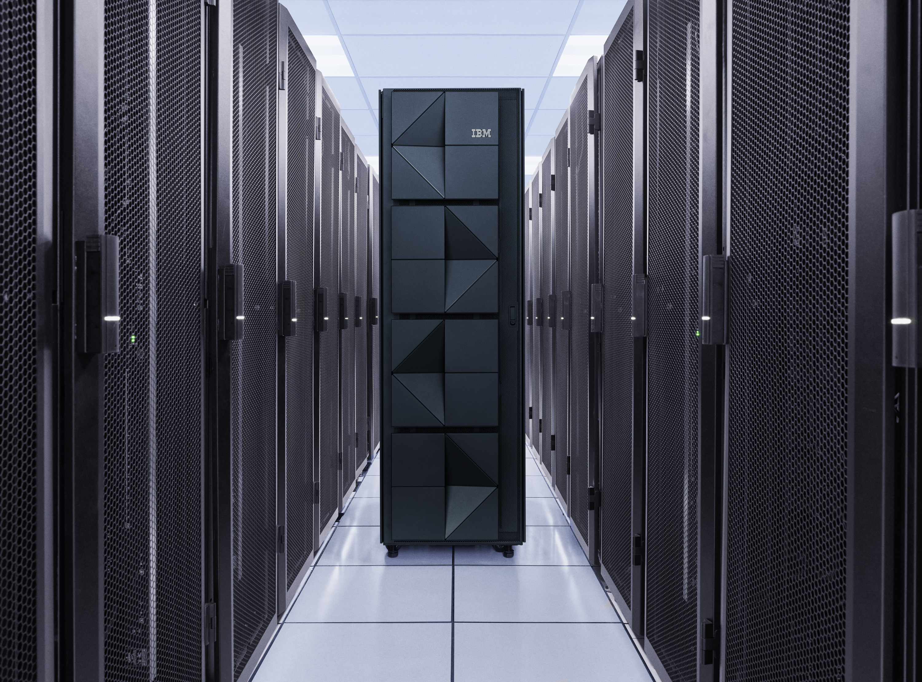 IBM z16 mainframe computer sitting in the middle of a data center.