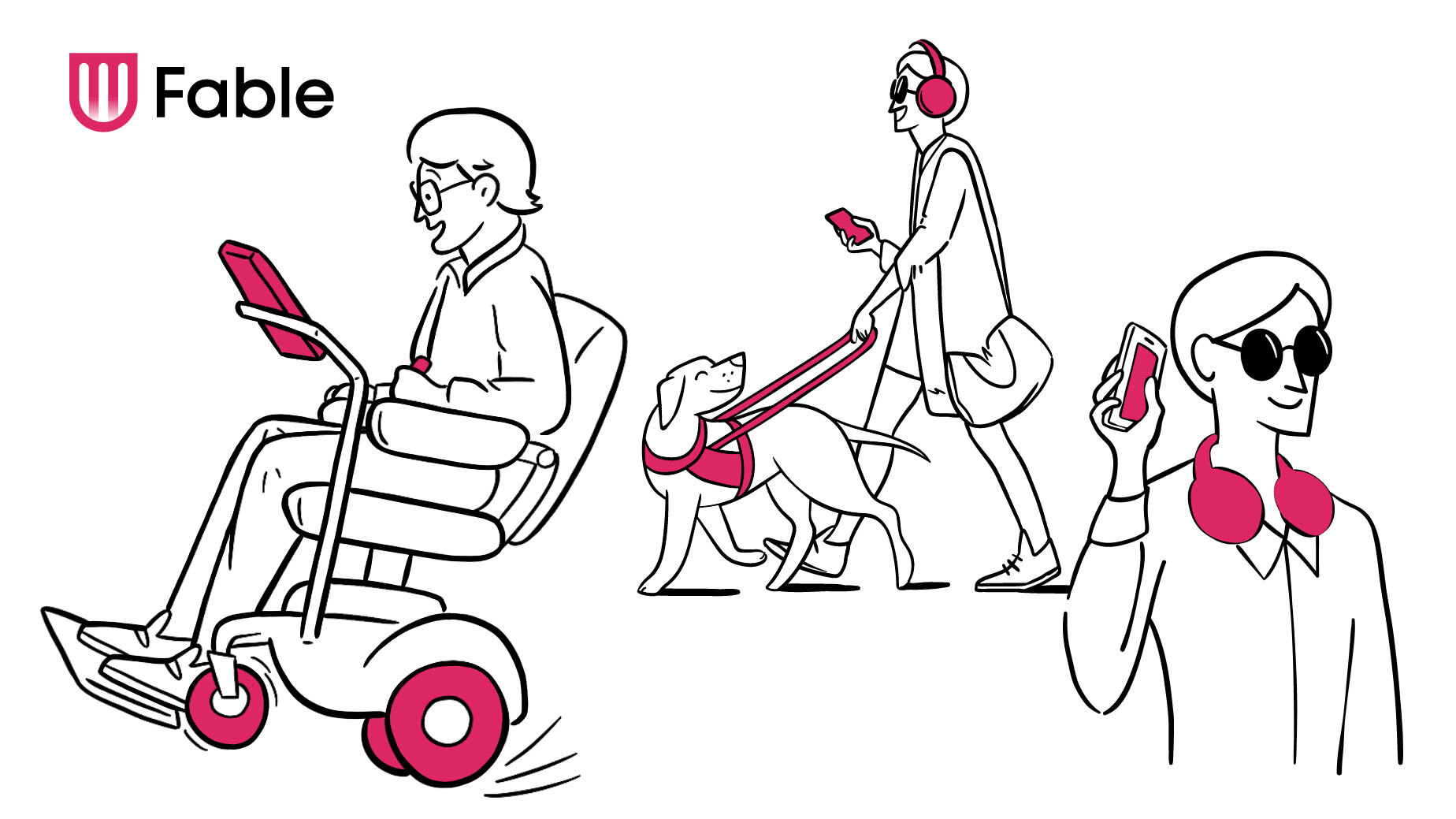 Illustrations of 3 people in a wheelchair, with a guide dog, and with sunglasses all using gadgets.