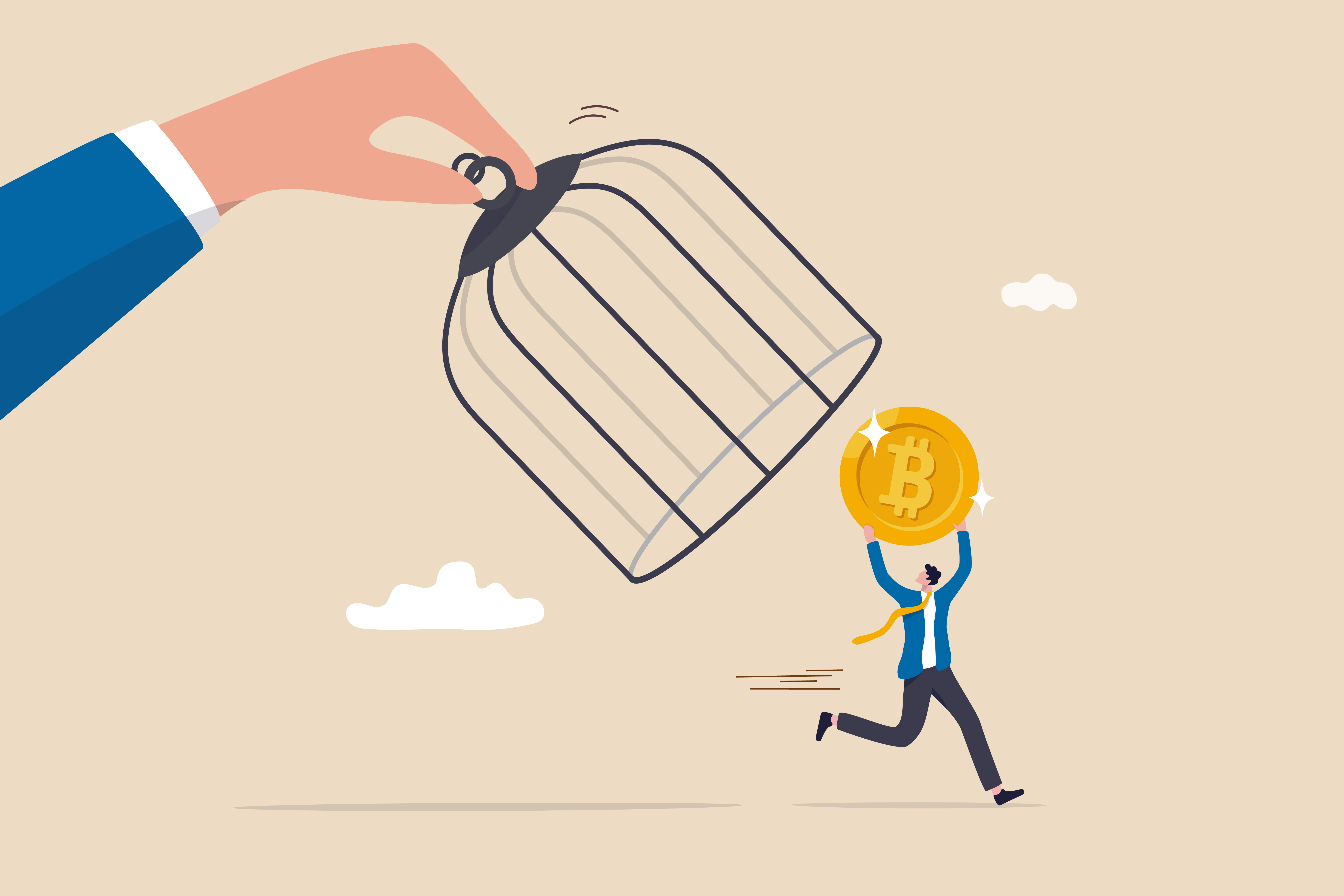 Illustration of a person holding a bitcoin with an arm holding a cage chasing them.