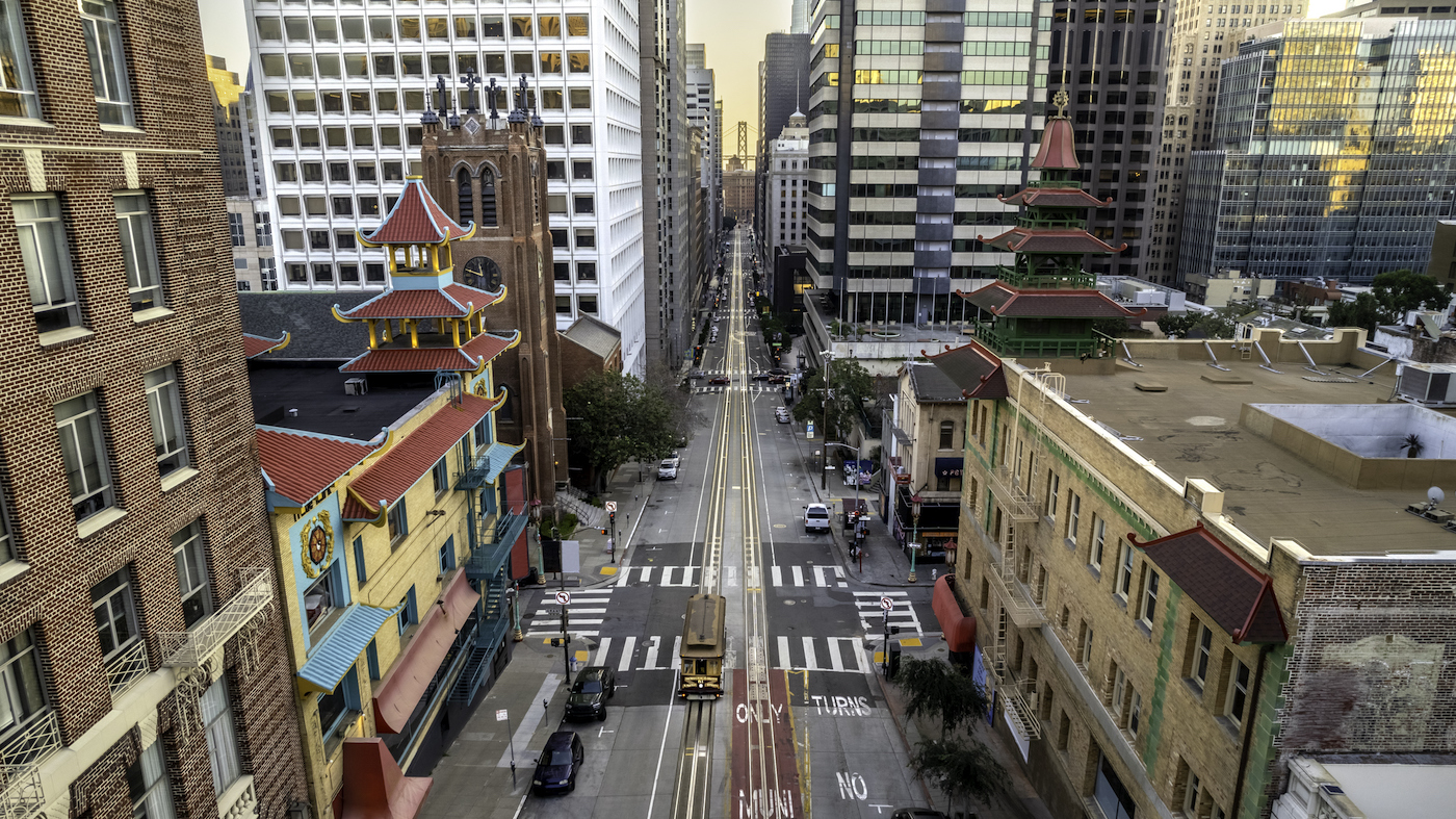 High quality stock photo looking down California Street towards the financial district with Chinatown in the foreground.