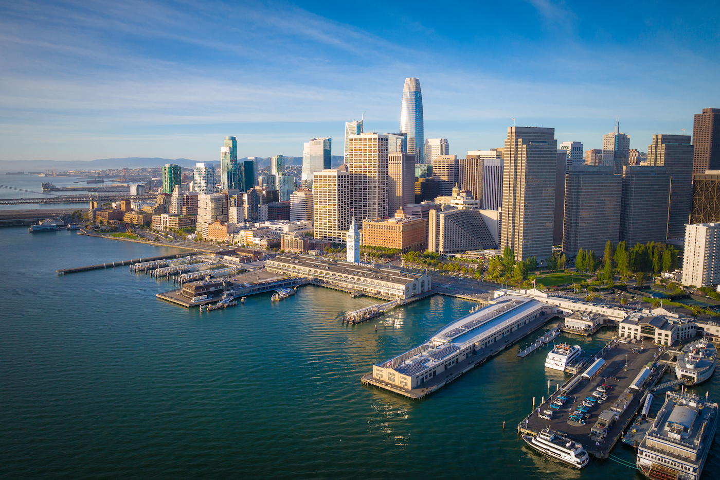 San Francisco Skyline and Ferry Building Aerial Cityscape View Over SF Bay, California, USA