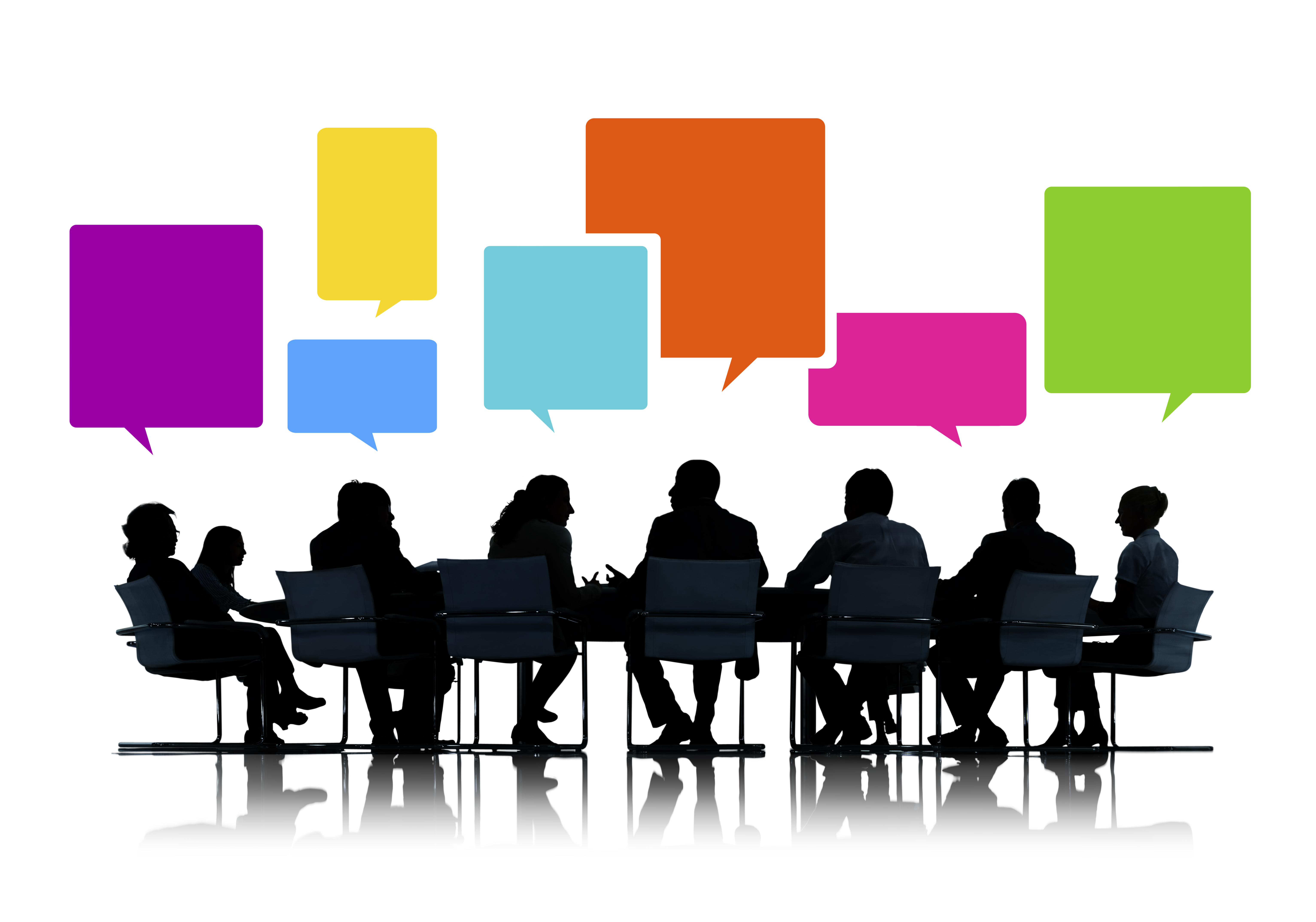Silhouettes of businesspeople meeting at a table with multicolored speech bubbles above their heads.
