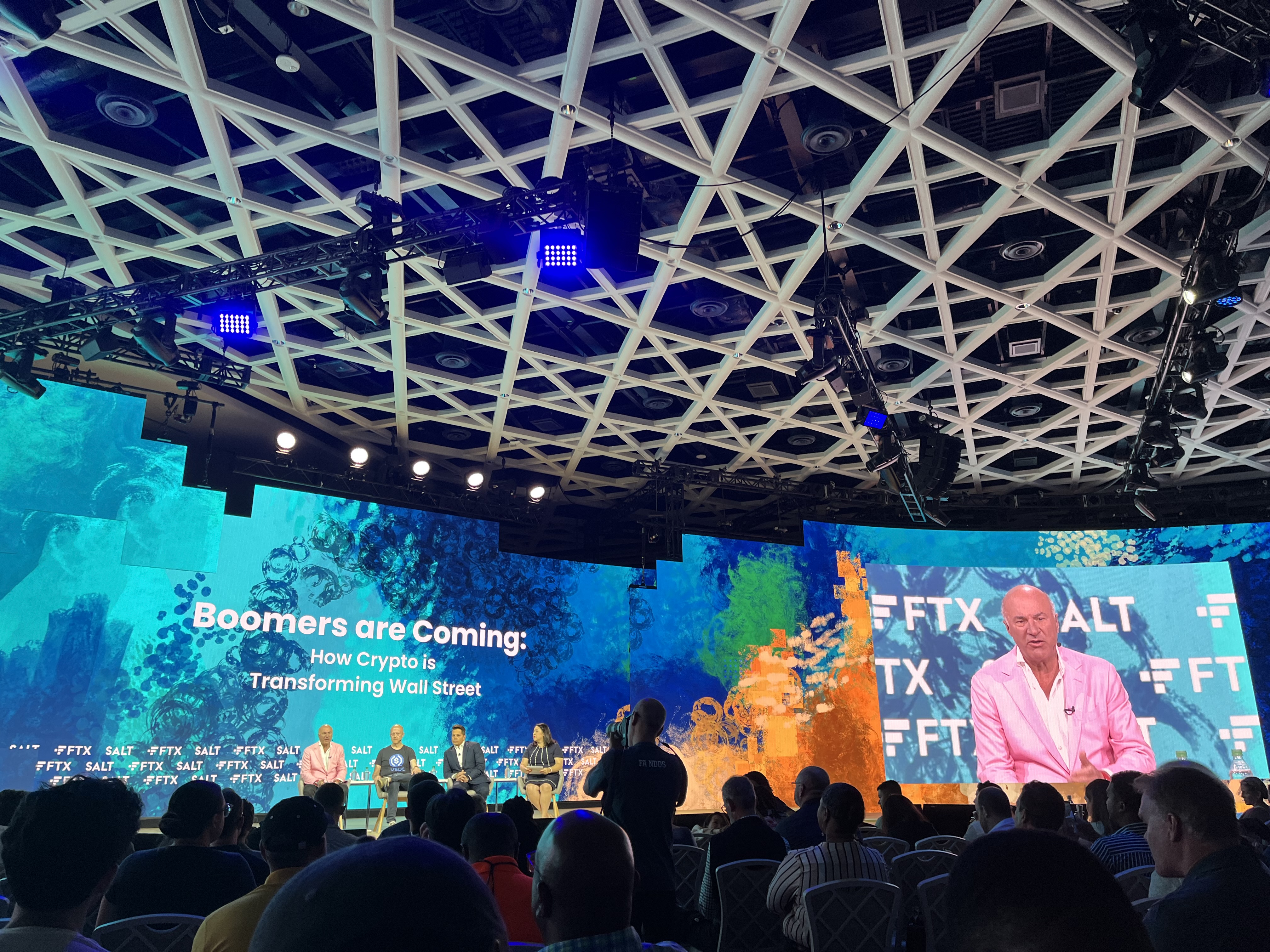 A panel titled "Boomers are coming" at Crypto Bahamas in April 2022.