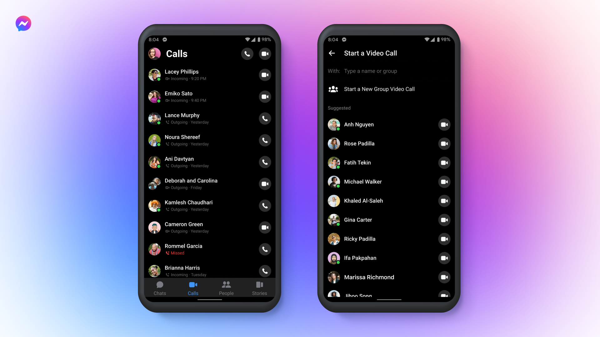 Calls tab in Messenger app