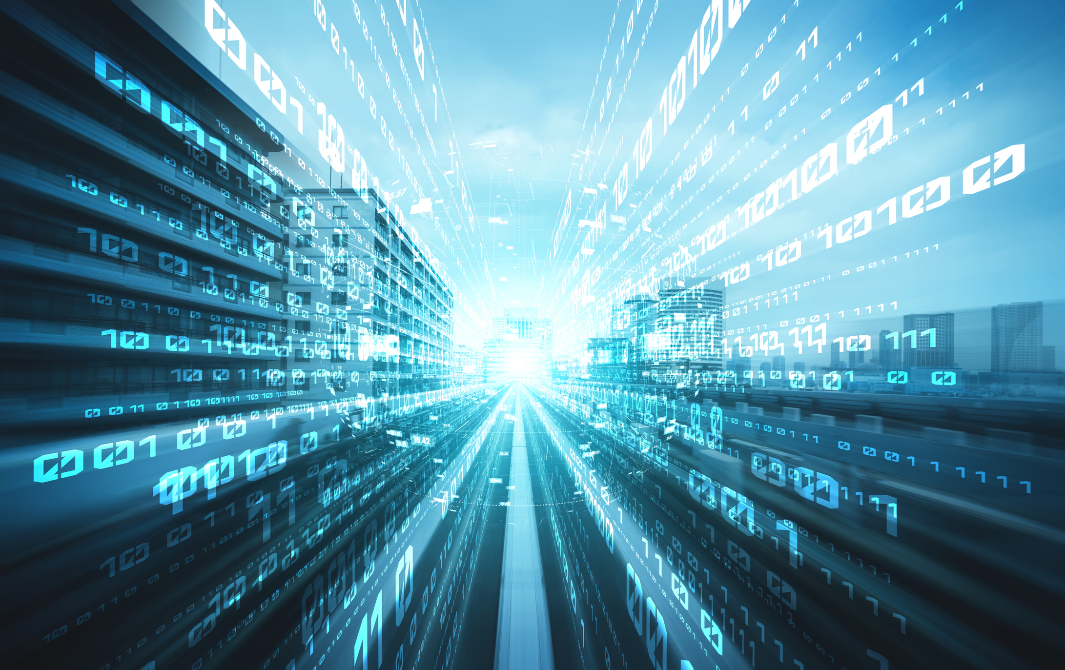 Digital data flow on road with motion blur to create vision of fast speed transfer . Concept of future digital transformation , disruptive innovation and agile business methodology .