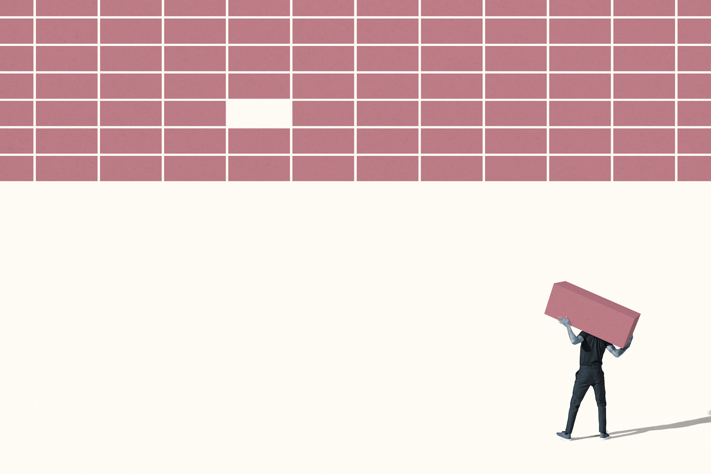 Rear view of young man carrying pink block while standing on white background; building software company