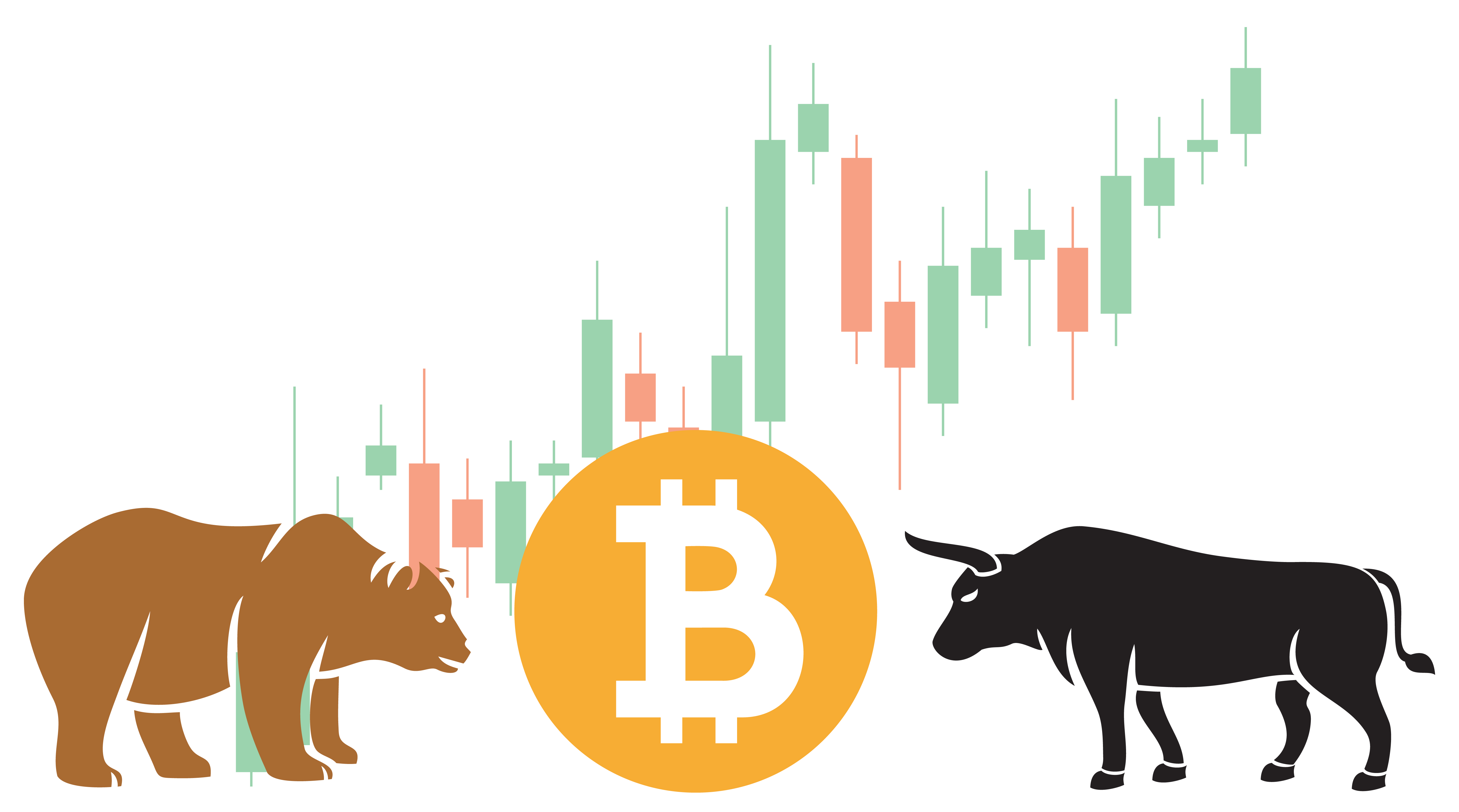 Image of a bull and a bear on either side of a bitcoin with a candlestick graph in the background. .