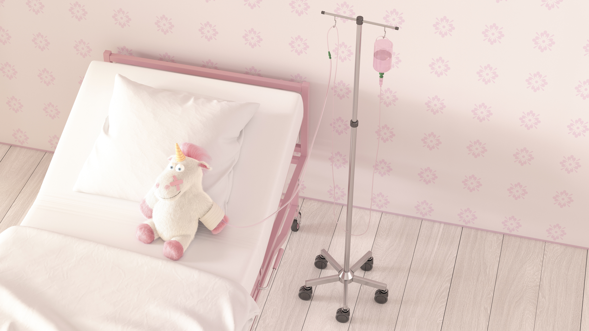 unicorn doll on a hospital bed; digital health unicorns problems layoffs