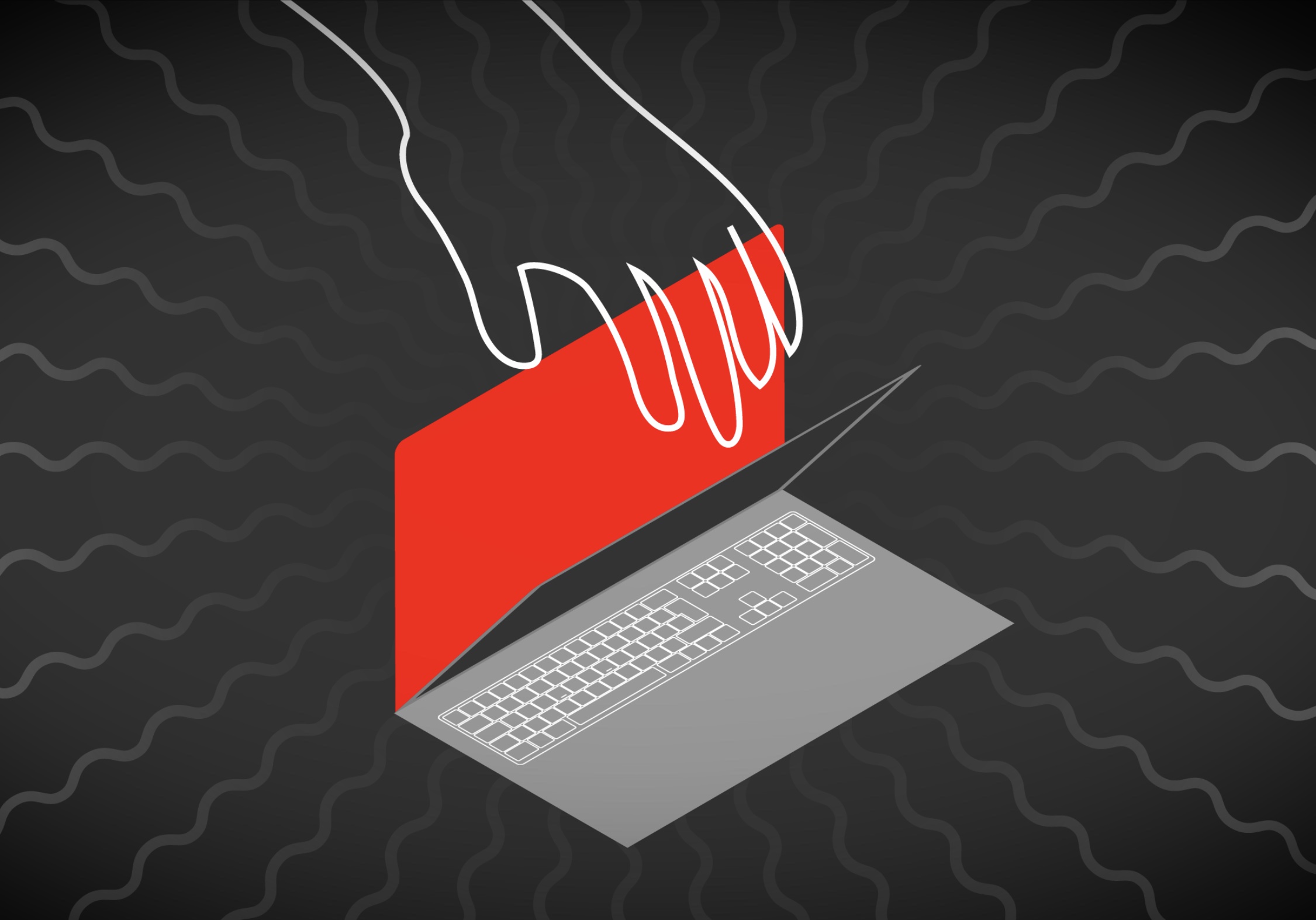 an illustration of a transparent hand grabbing at a laptop