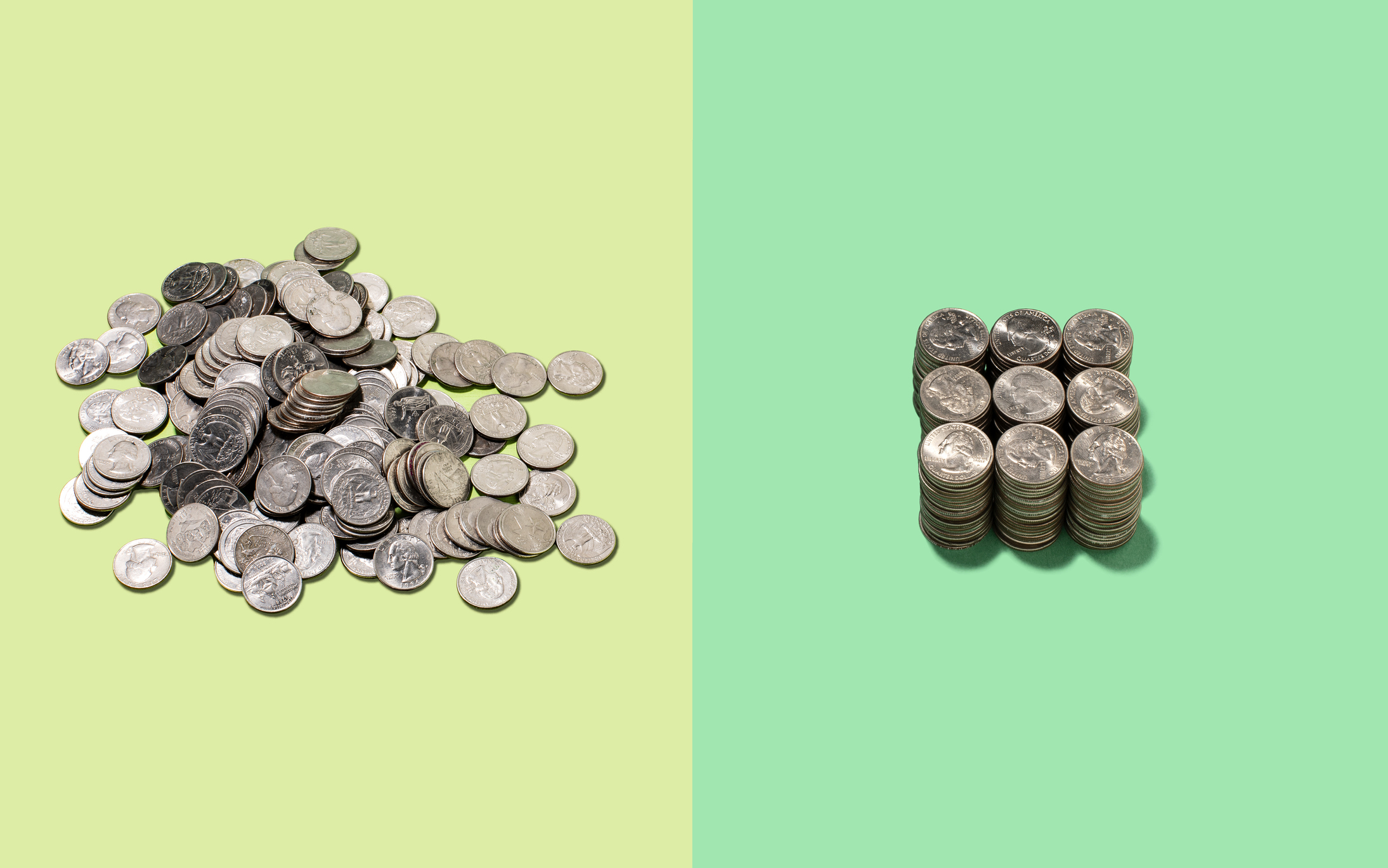 2 piles of 200 US Quarter Dollar coins, one on left, messy on light green, one on right in 9 neat stacks on darker green background; finances in order startup acquisition tips