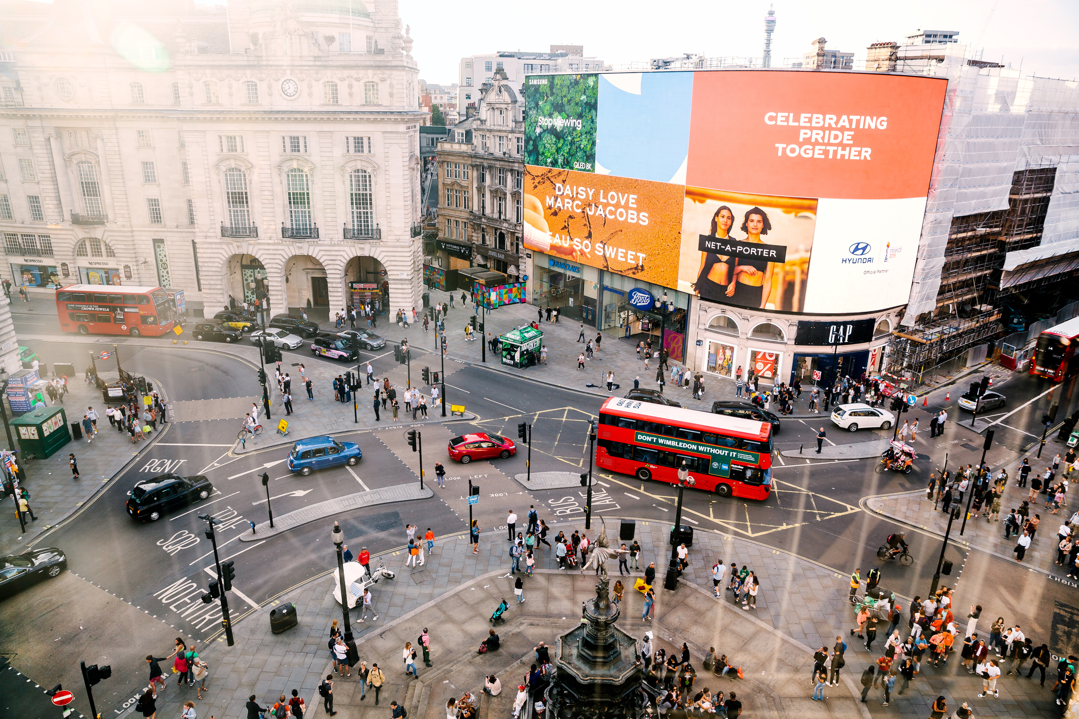 Aerial view of Piccadilly Circus in London, England, UK