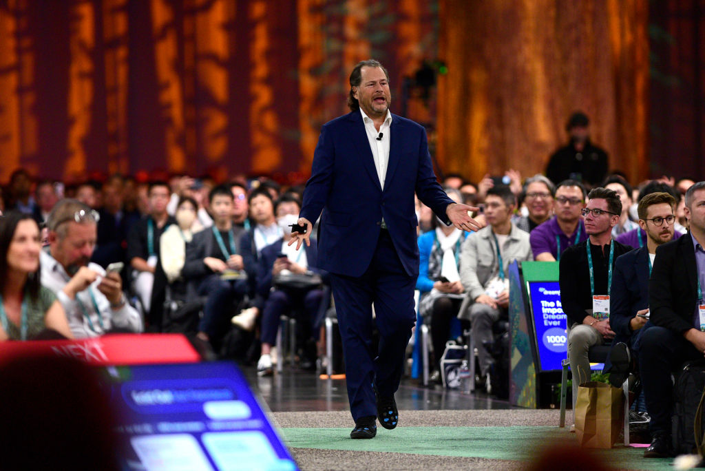 Marc Benioff, co-chief executive officer of Salesforce.com Inc., speaks during a keynote at the 2022 Dreamforce conference in San Francisco, California, US, on Tuesday, Sept. 20, 2022. Tens of thousands of techies will frolic through kitschy national park-themed decorations in San Francisco's downtown this week as Salesforce Inc.'s annual Dreamforce conference returns in full after two pandemic years. Photographer: Marlena Sloss/Bloomberg via Getty Images