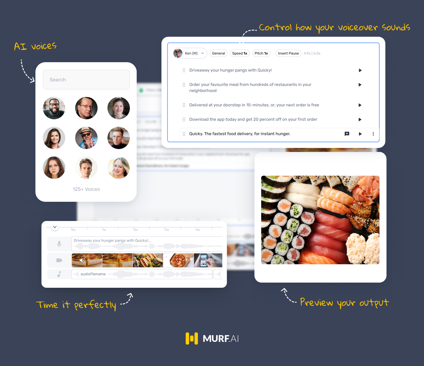Murf Studio tools shown on laptop and mobile screens