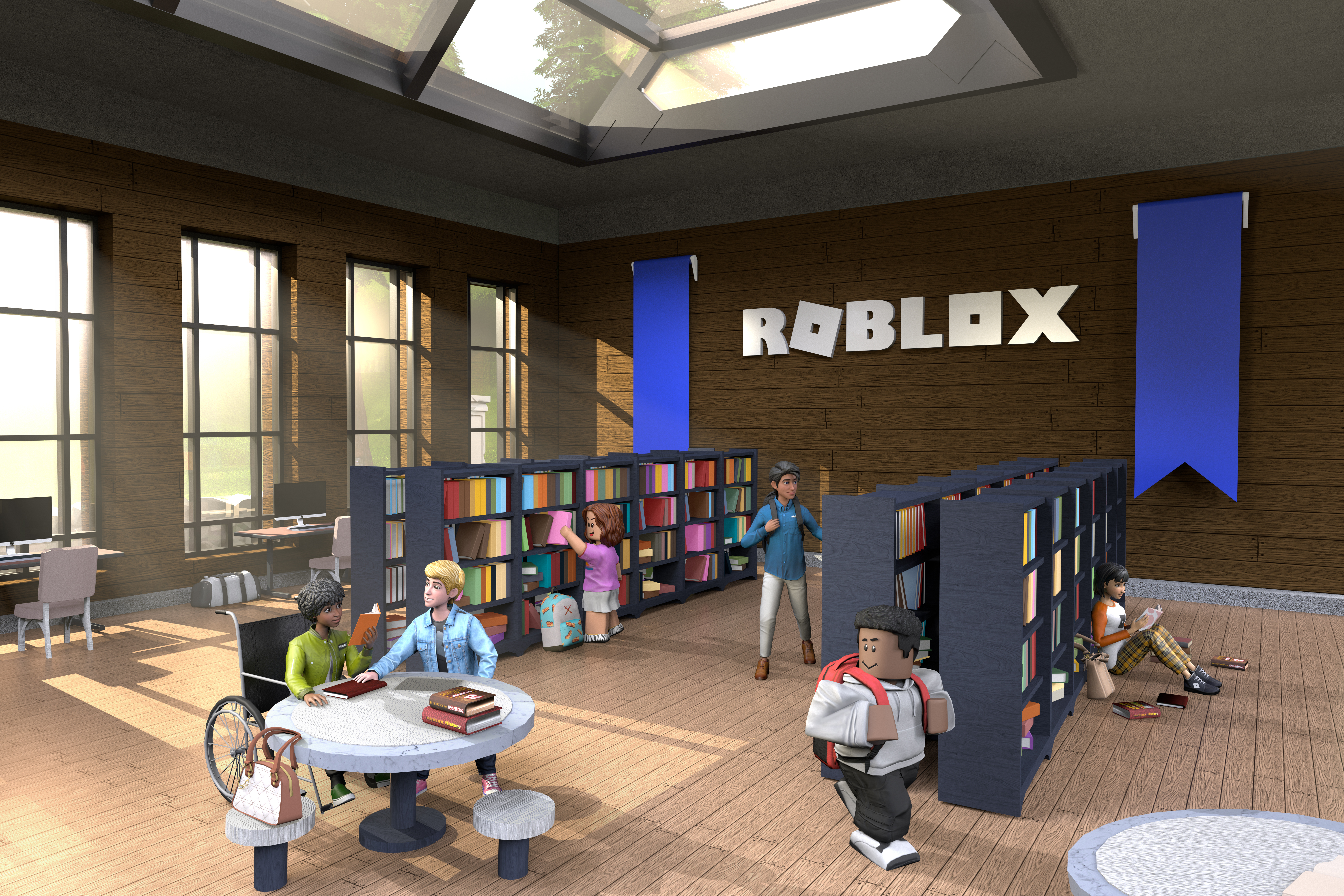 Roblox avatars in a library room in front of the company logo.