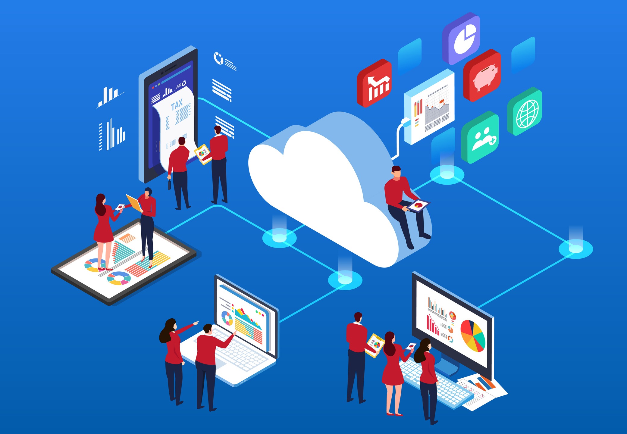illustration of data moving through the cloud.
