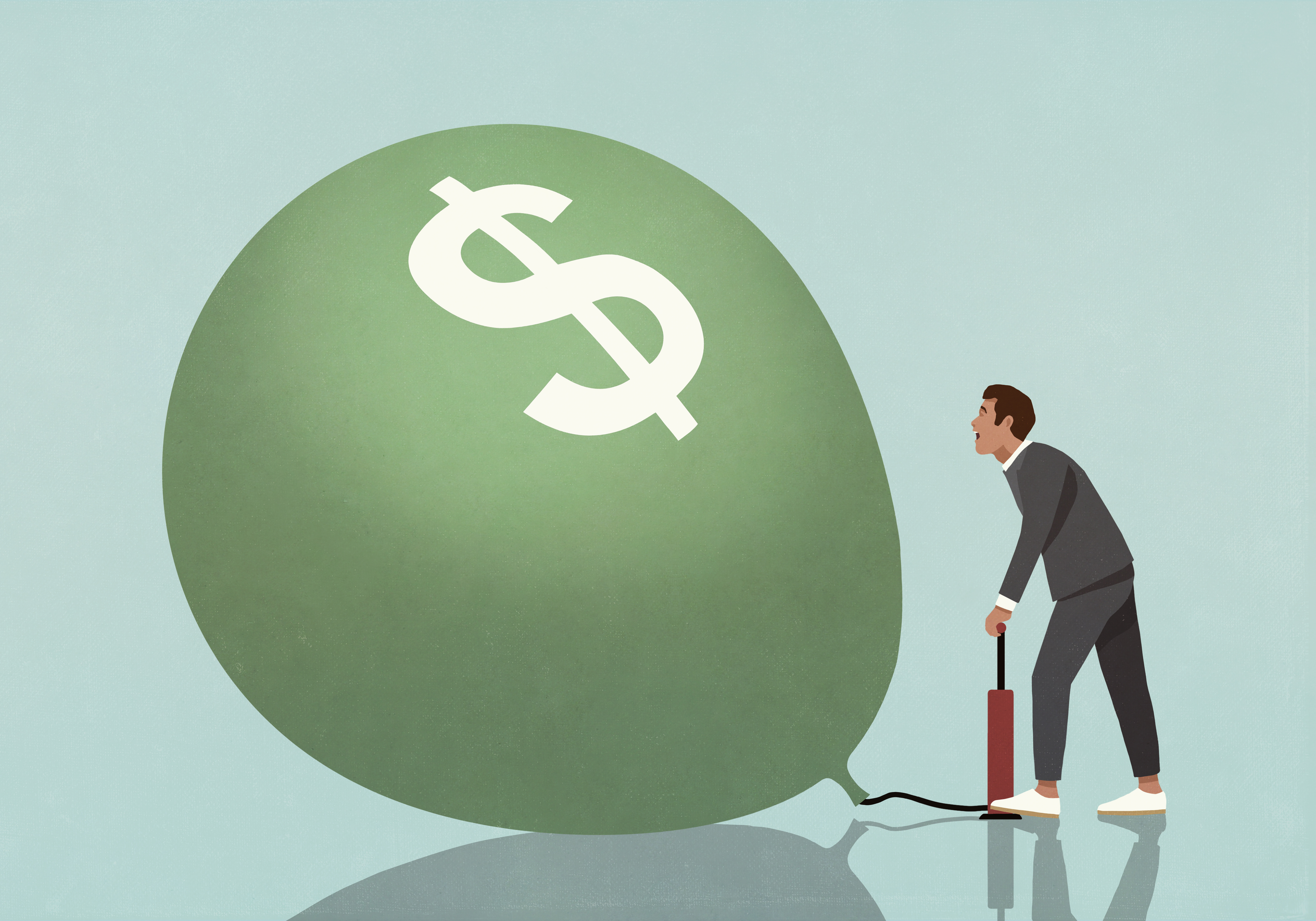 man pumping up balloon with dollar sign on it