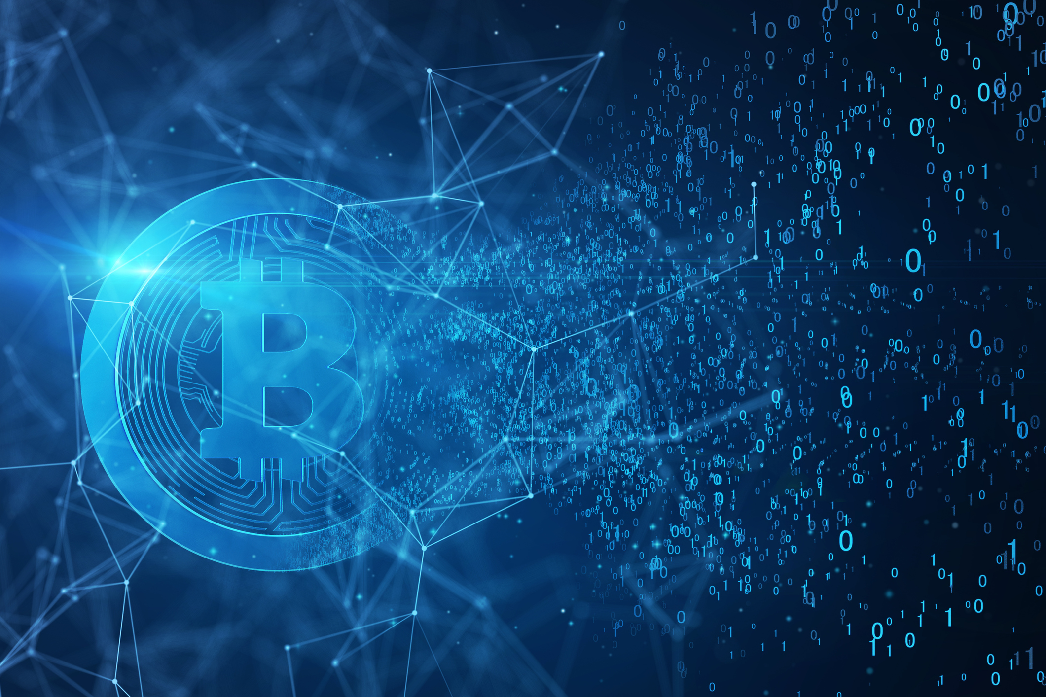 Bitcoin logo with binary numbers code and network on a dark background, used in a post about digital assets app Pillow