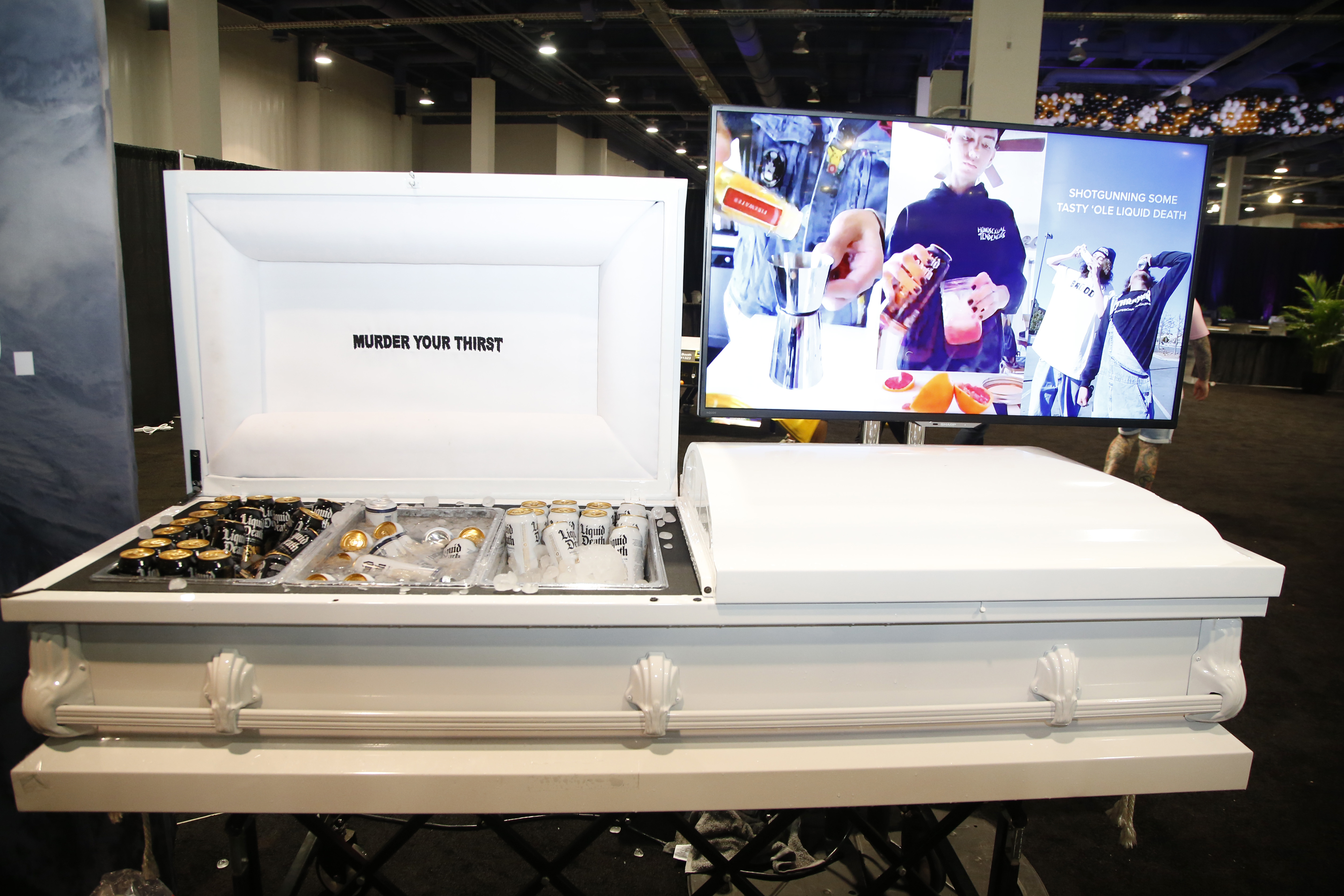 Image of the Liquid Death booth as seen during Day 2 of the 35th Annual Nightclub & Bar Show and World Tea Expo at the Las Vegas Convention Center on June 29, 2021 in Las Vegas, Nevada.