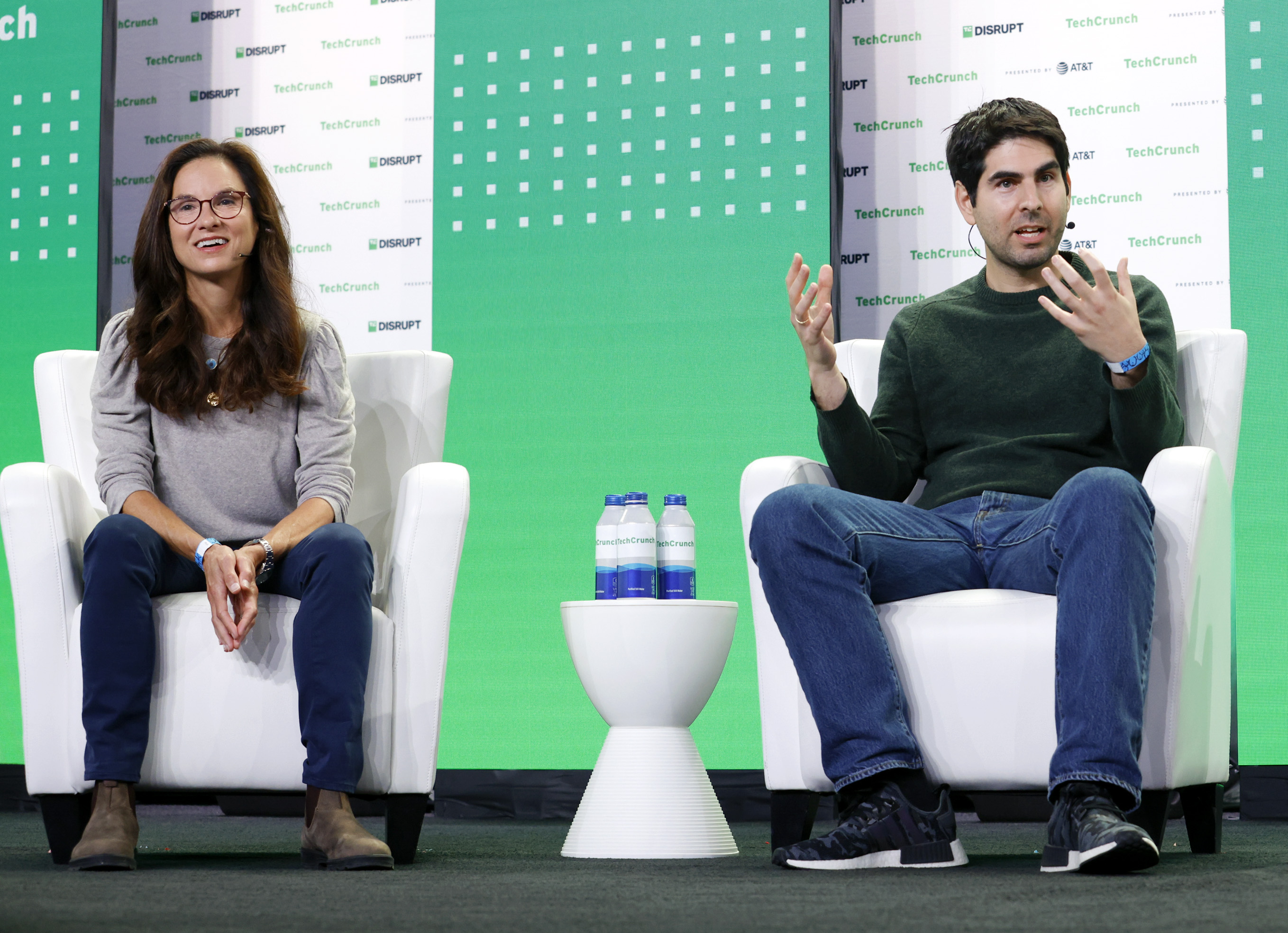 Caryn Marooney and Managing Director at General Catalyst Niko Bonatsos speak onstage during TechCrunch Disrupt 2022