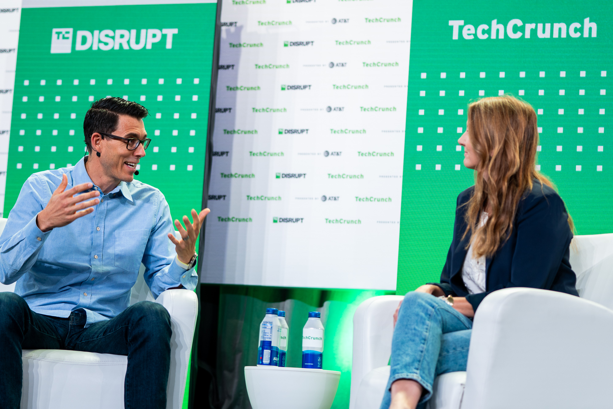 RJ Scaringe, CEO at Rivian and Kirsten Korosec from TechCrunch onstage TechCrunch Disrupt