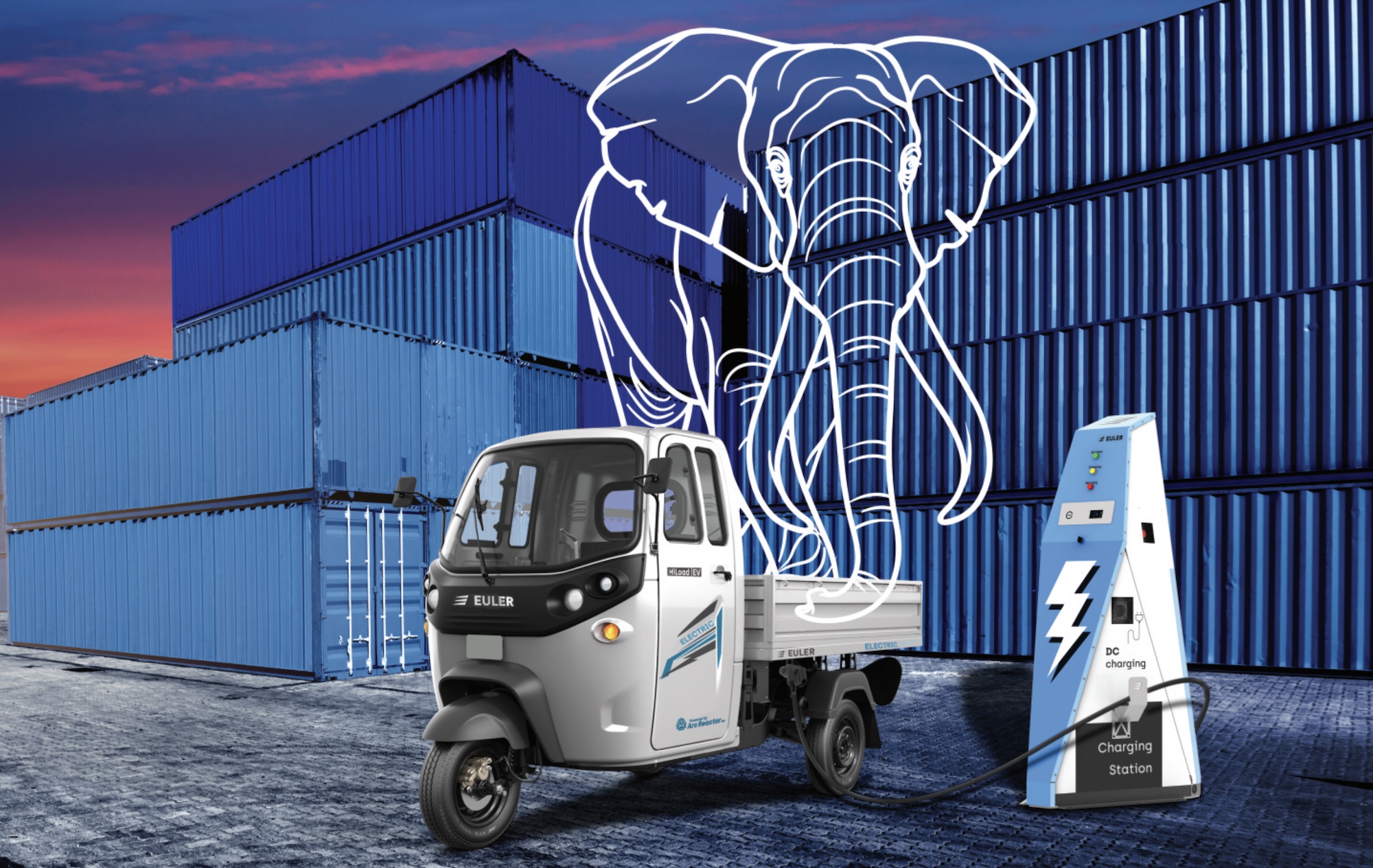 electric cargo three-wheeler parked in front of shipping containers