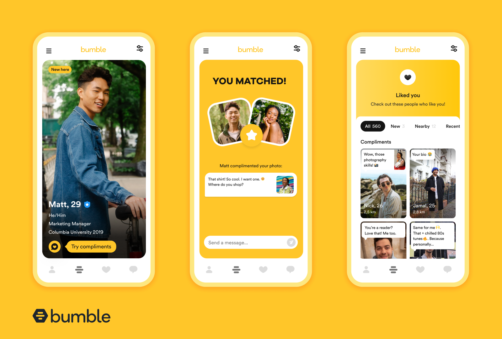 Bumble Compliments screens on 3 smartphones