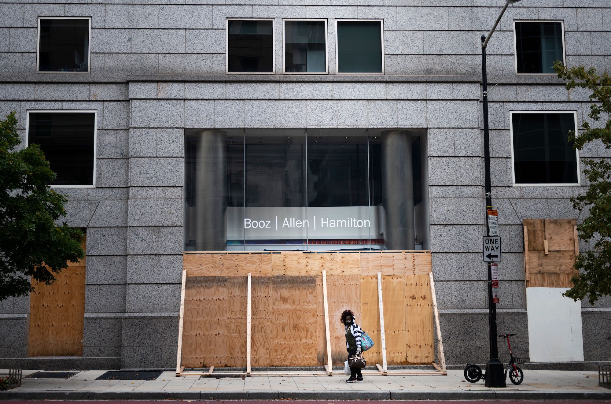 Booz Allen's headquarters in Washington, DC boarded up.