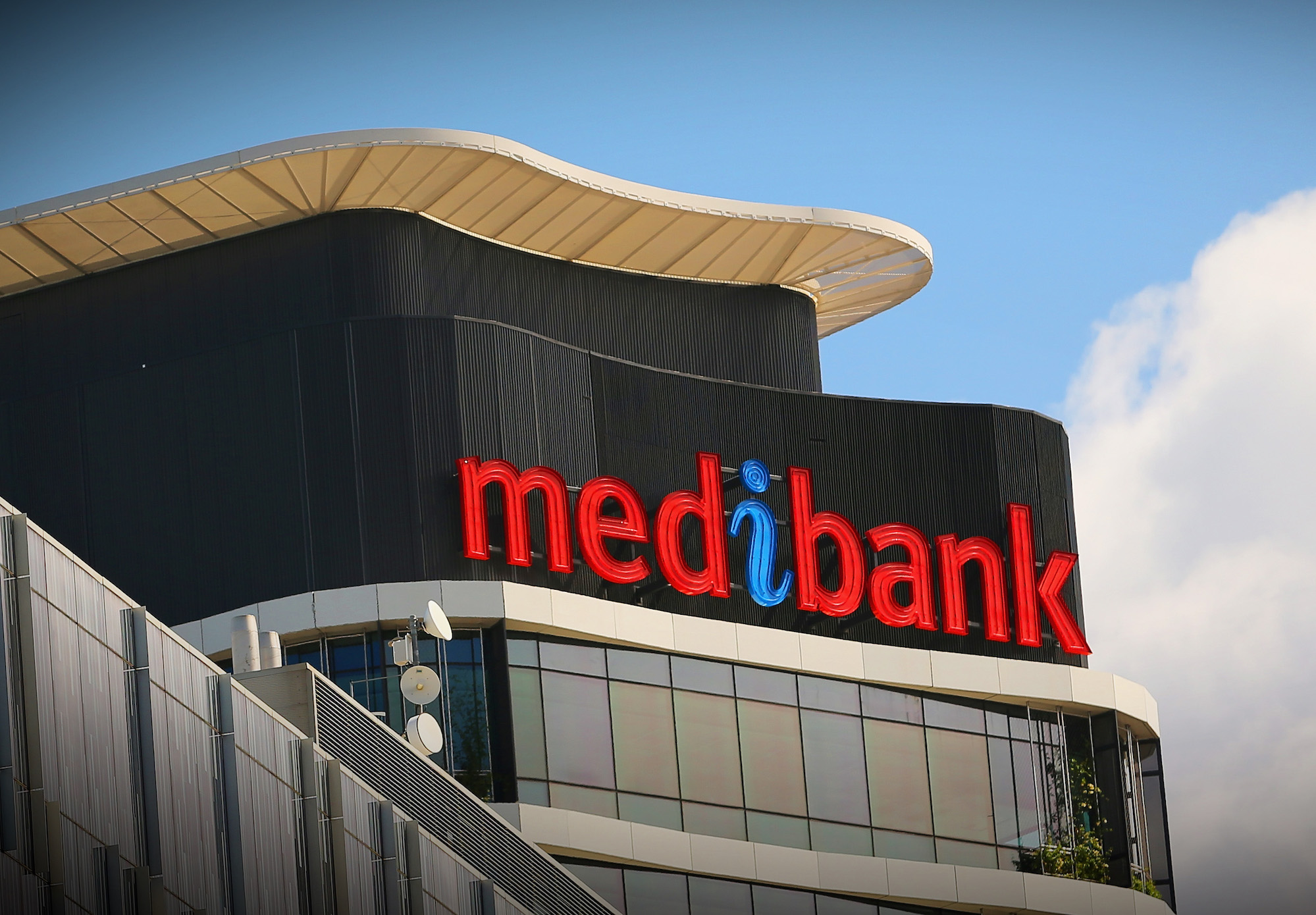 Medibank's logo on the top of its corporate offices in Melbourne, Australia