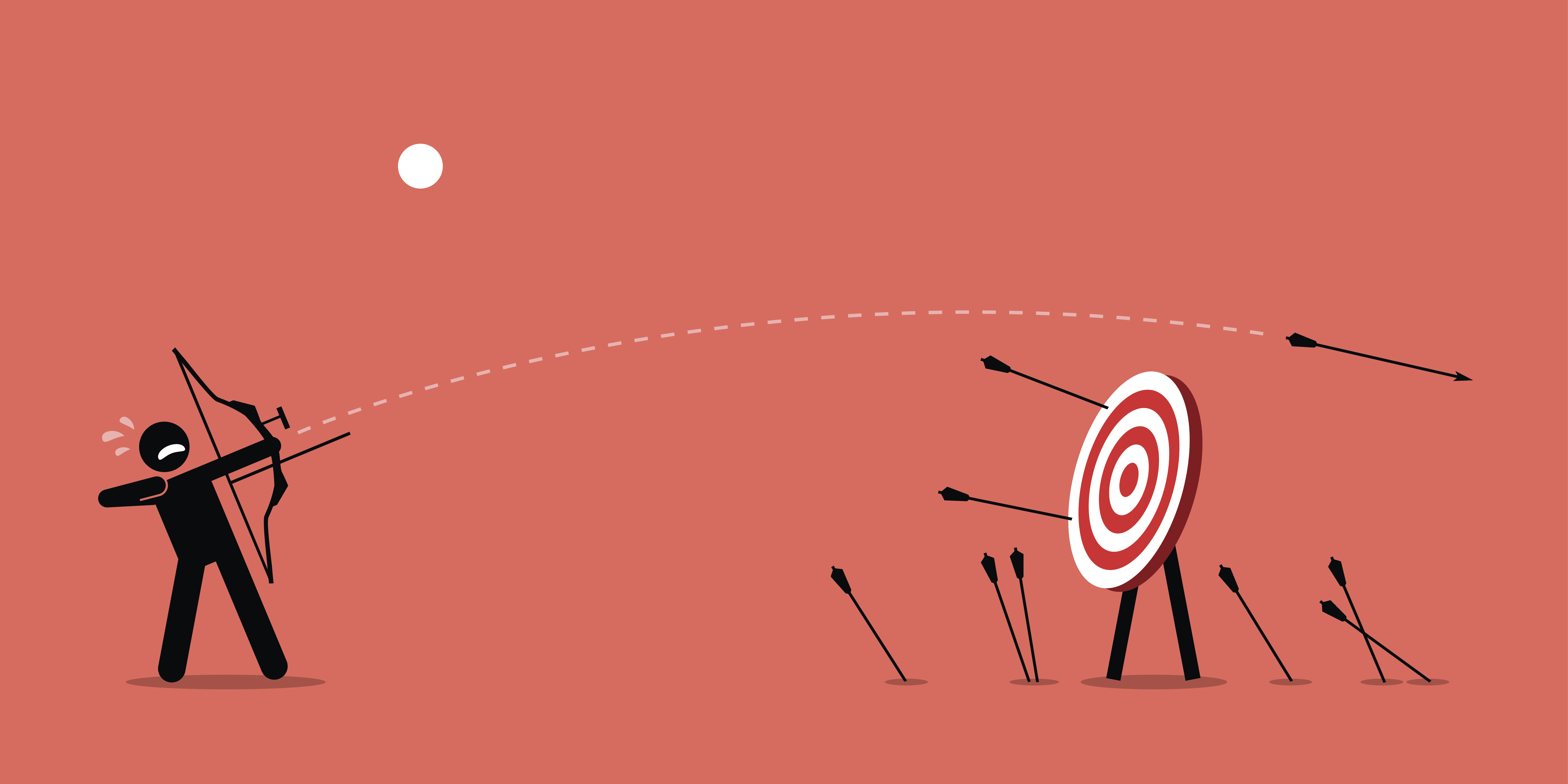 Image of a little cartoon person against a red background trying and largely failing to hit a target with arrows.