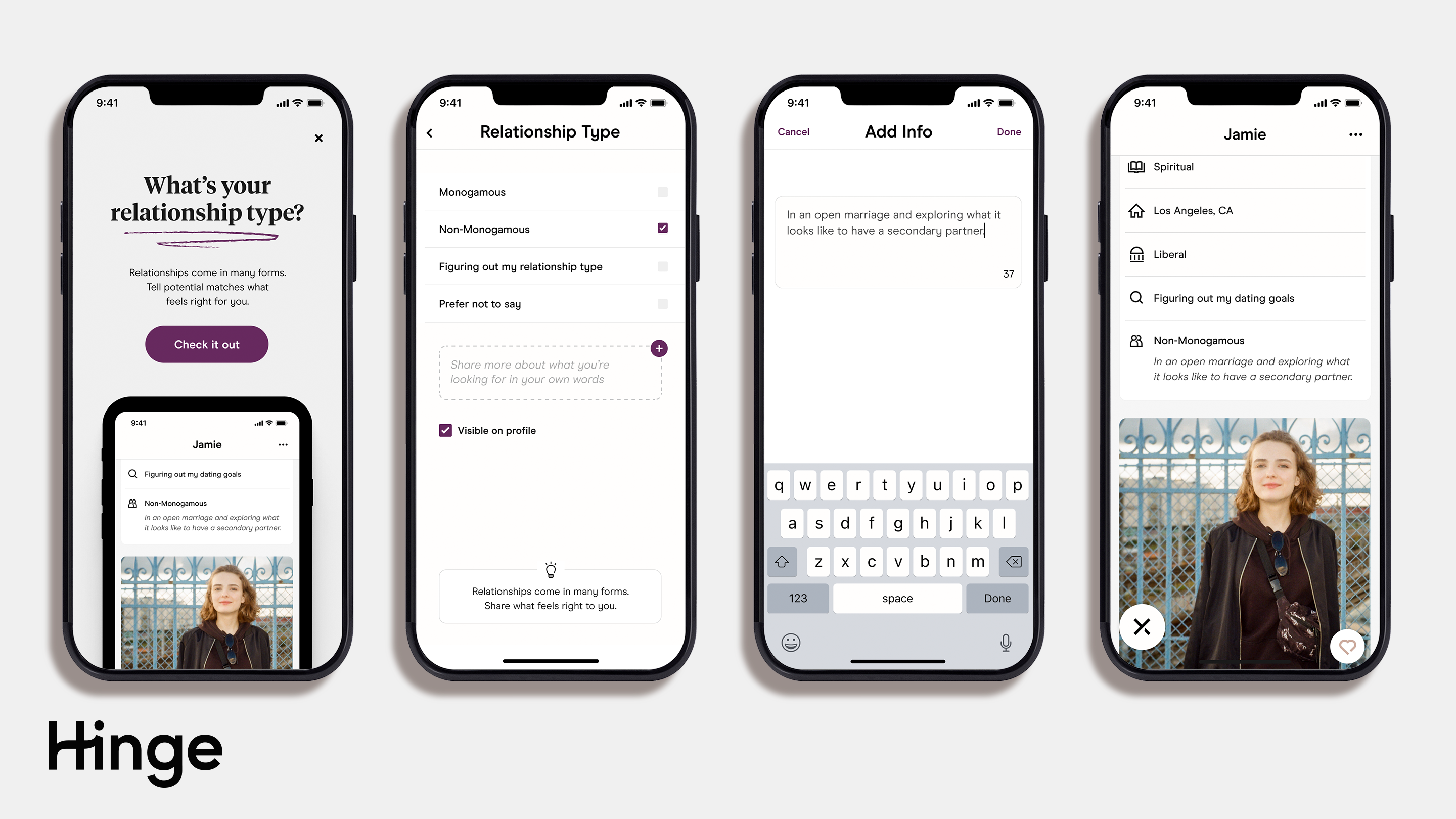 Hinge social app on 4 smartphone screens