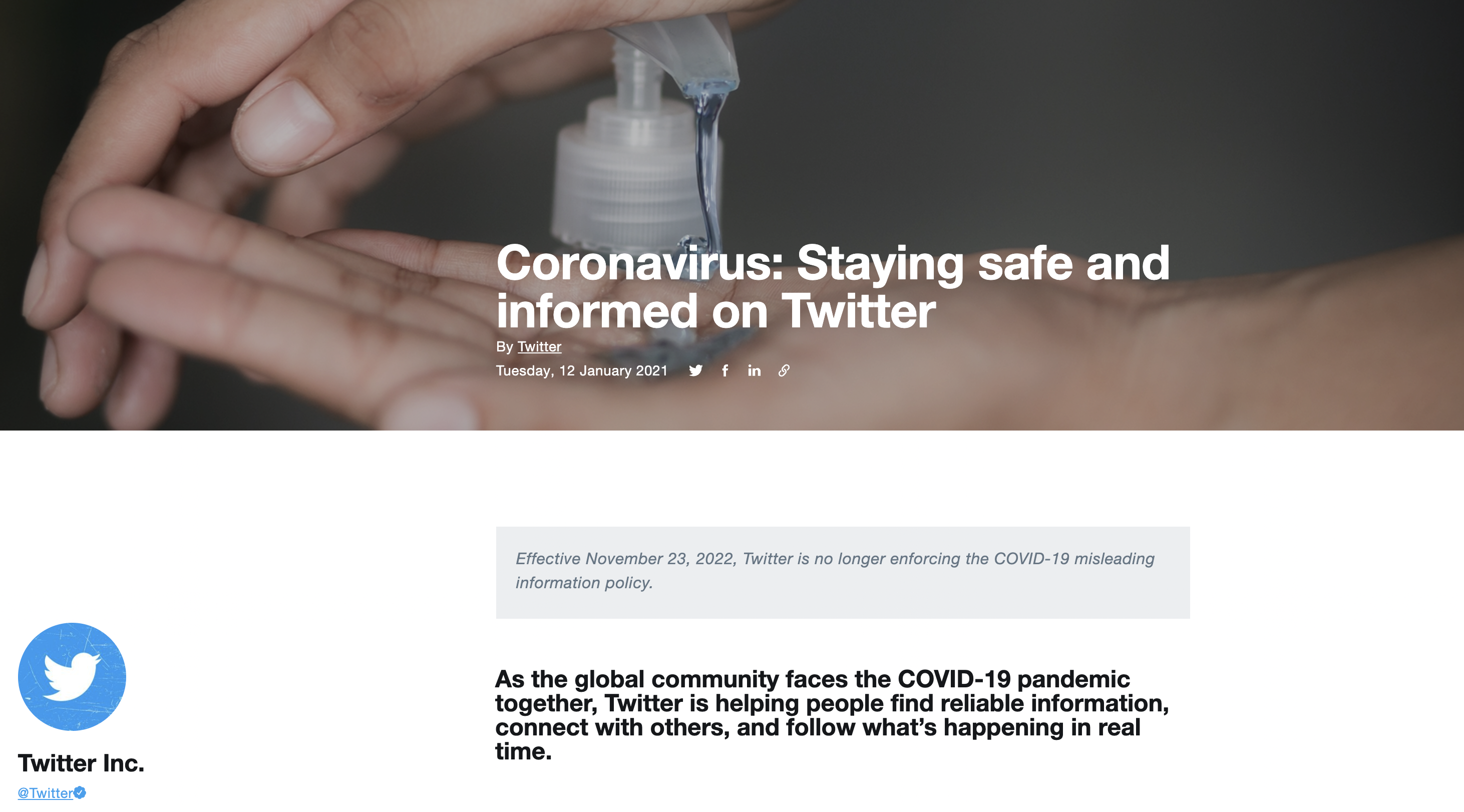 Twitter coronavirus policy page