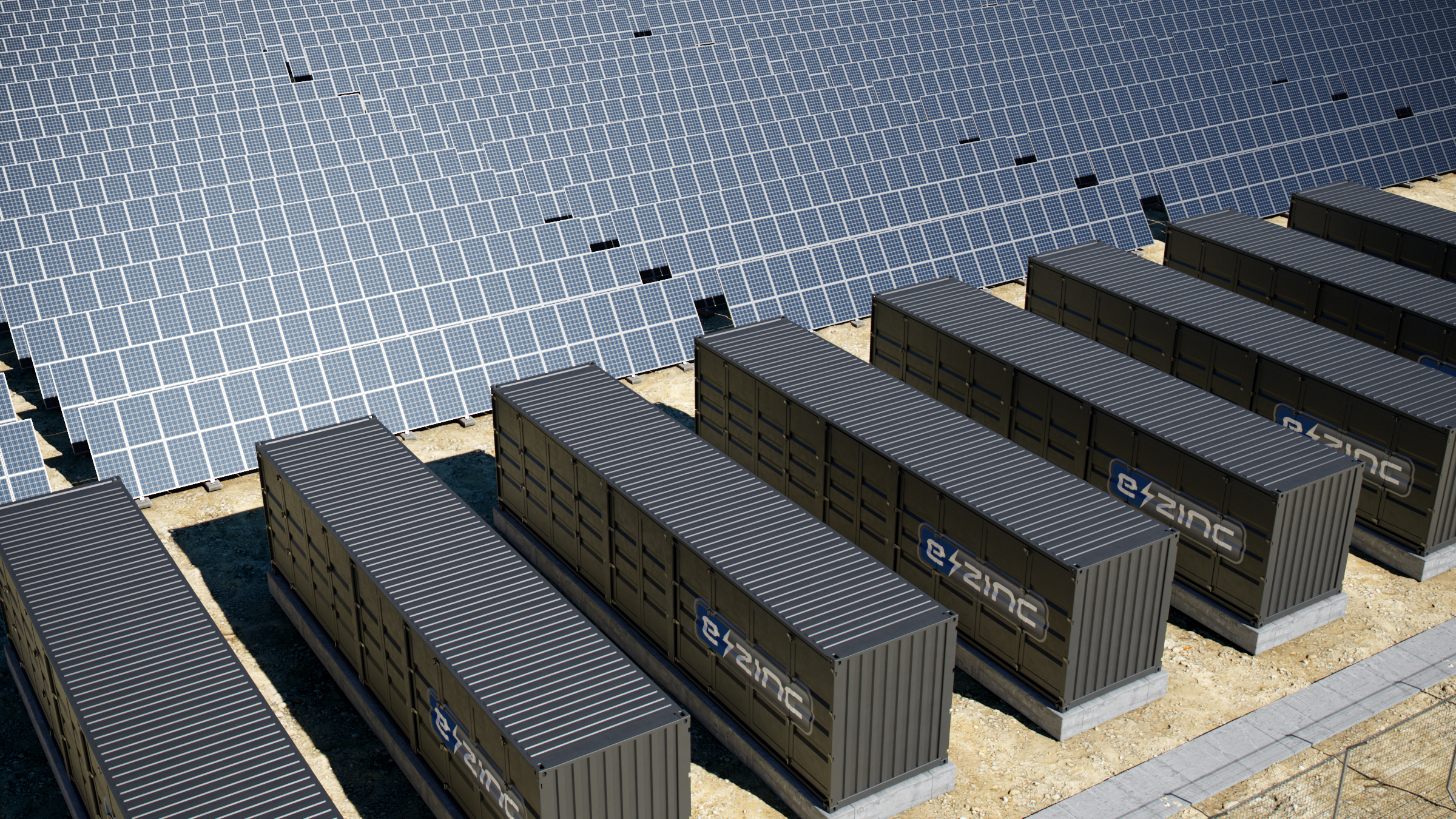 A render of numerous e-zinc battery units beside solar arrays