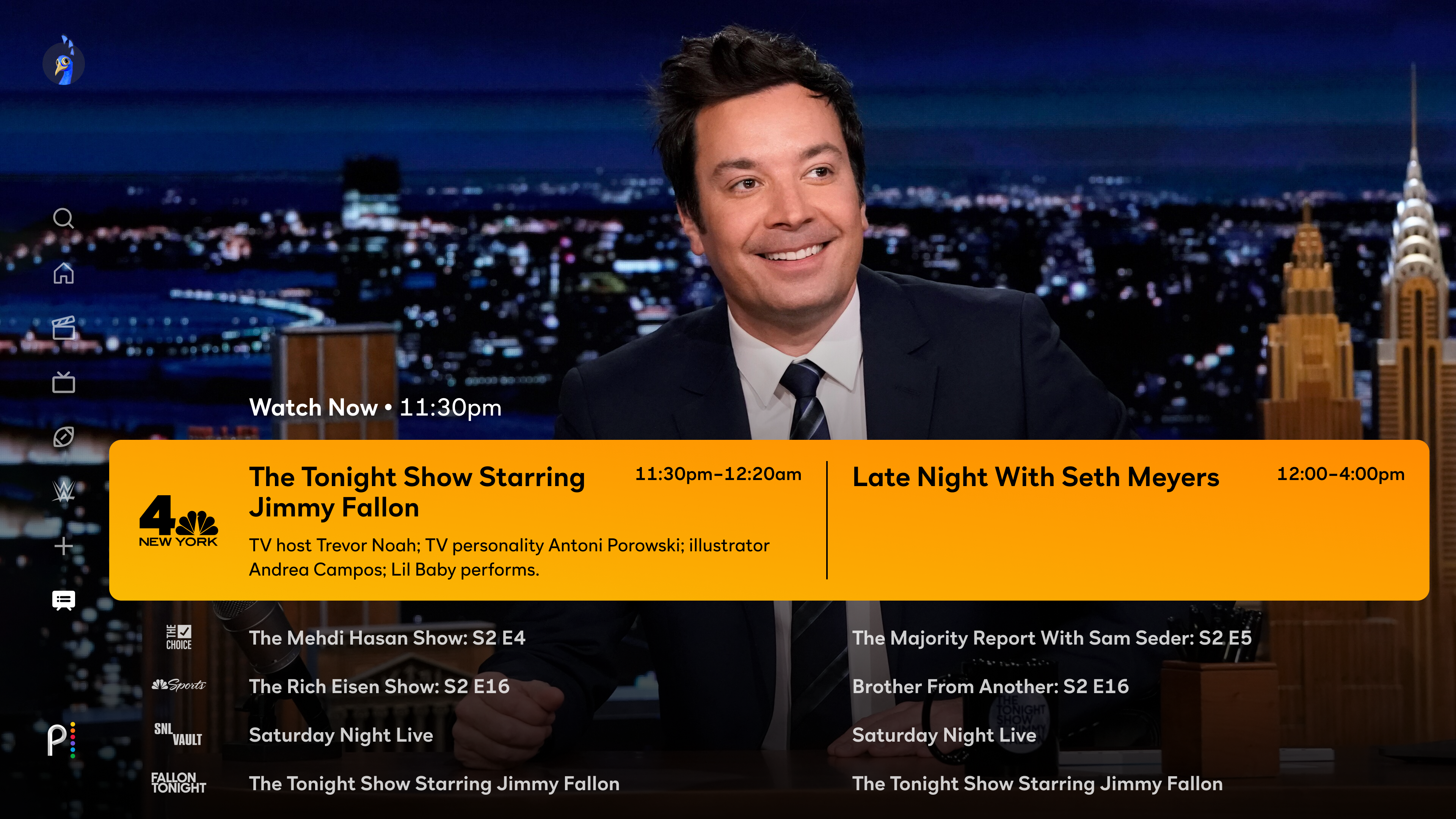 NBC live Peacock screen showing Jimmy Fallon