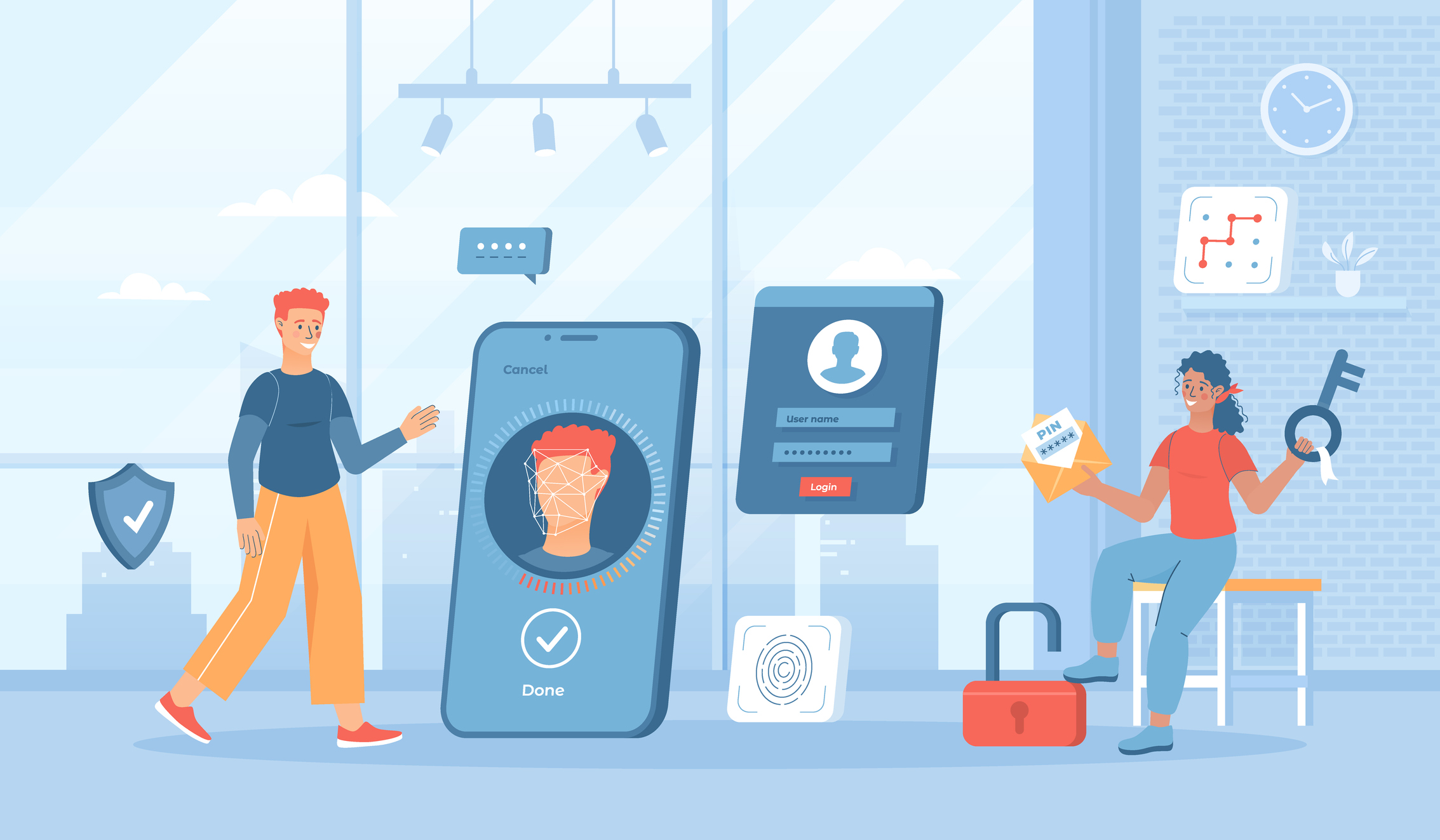Authentication and Identity Verification. Face, fingerprint recognition, pin pattern locking, user account password. Two Factor Authentication. Flat cartoon vector illustration with people characters