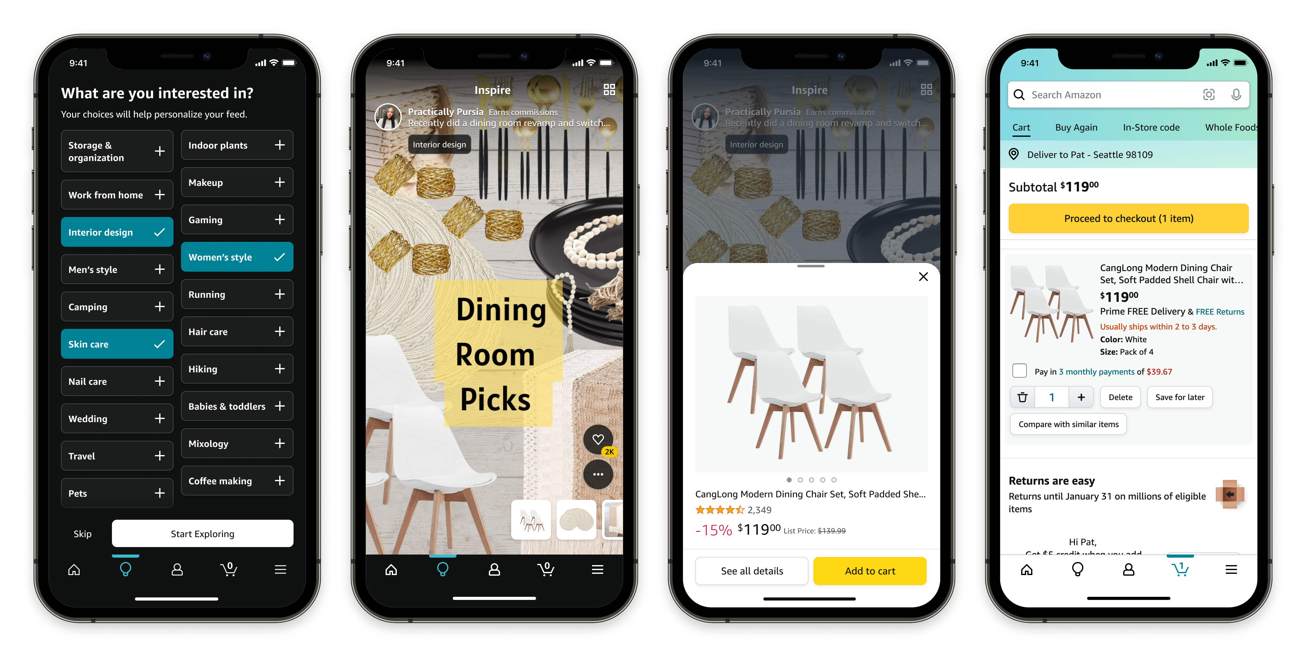 Amazon Inspire on 4 smartphone screens