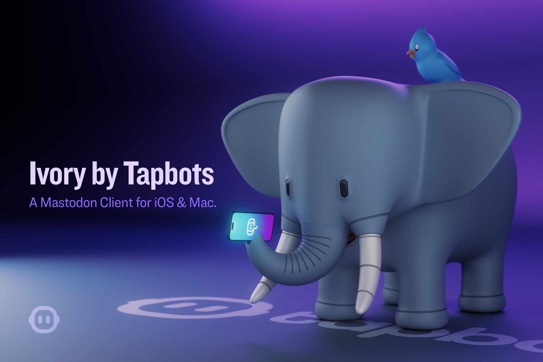 Ivory by Tapbots screen; illustration showing bird perched on an elephant.
