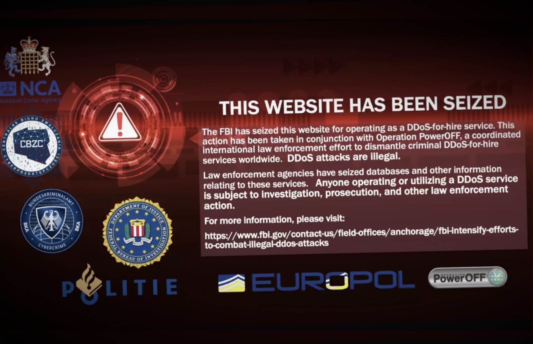 A seizure notice on a website associated with an illegal DDoS-for-hire site.