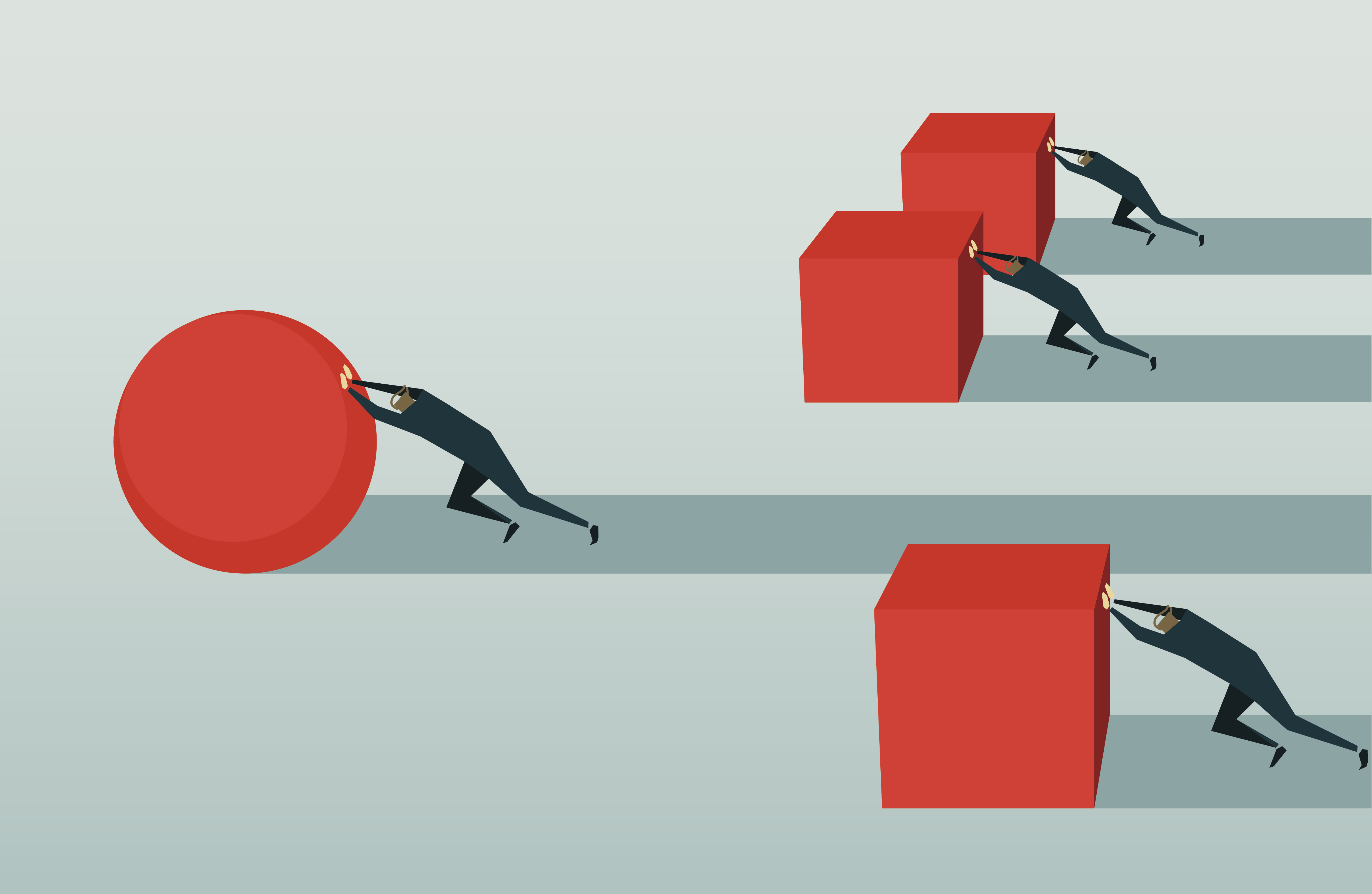 Image of four businessmen pushing red shapes, three blocks and one ball.